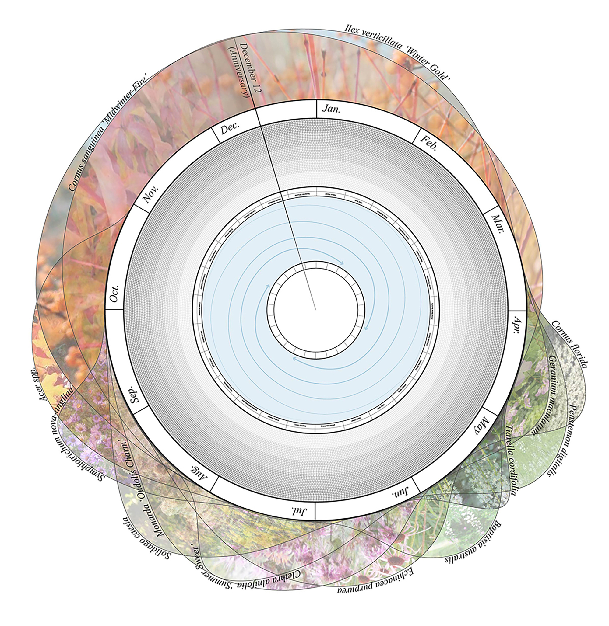 Circular diagram overlaying seasonal vegetation changes and monthly climate data around a central water body