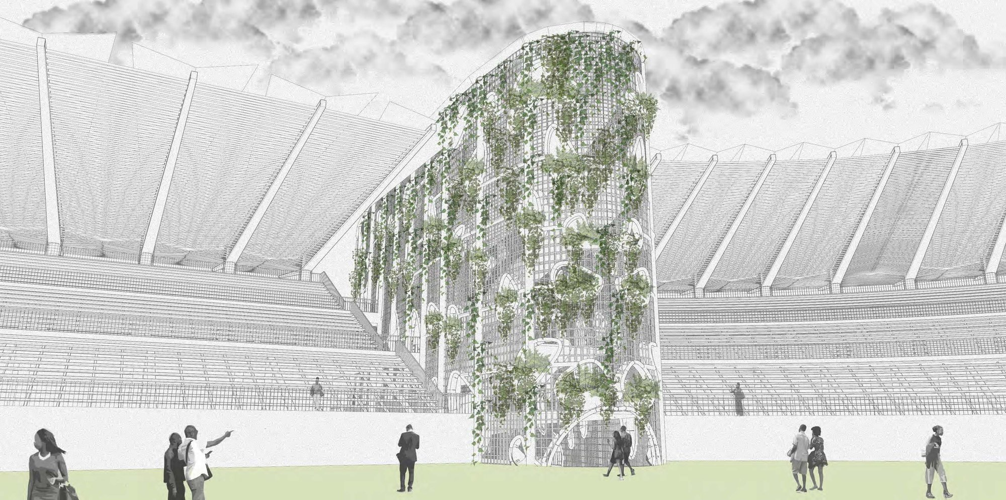Biophilic stadium facade integrating vegetation into structural screens