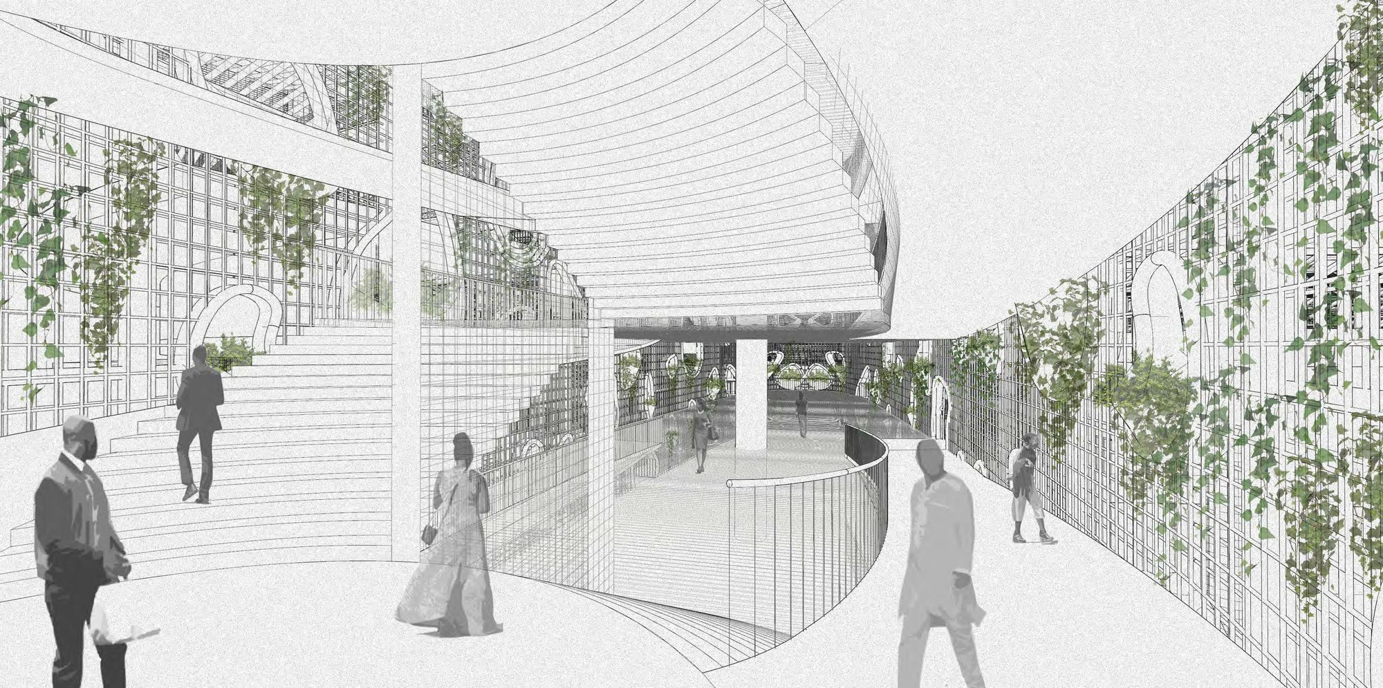 Interior circulation with green walls and porous architectural framework