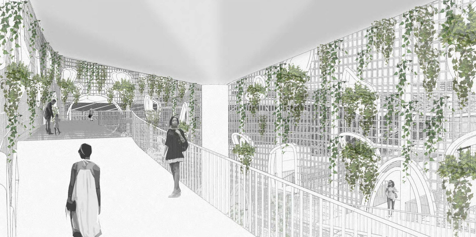 Elevated walkway immersed in plant-covered biophilic envelope