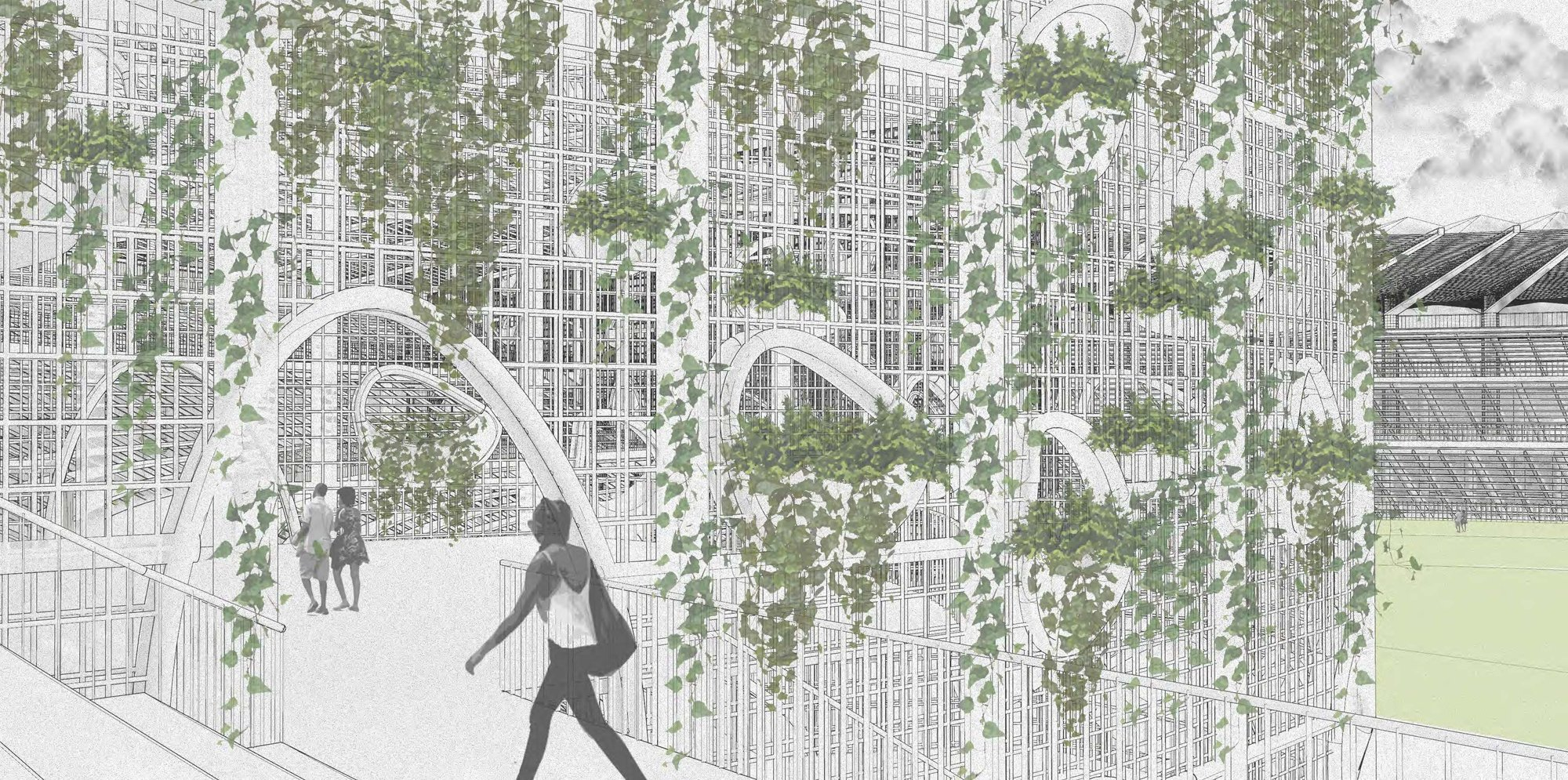 Layered facade system blending structure, vegetation, and spatial porosity