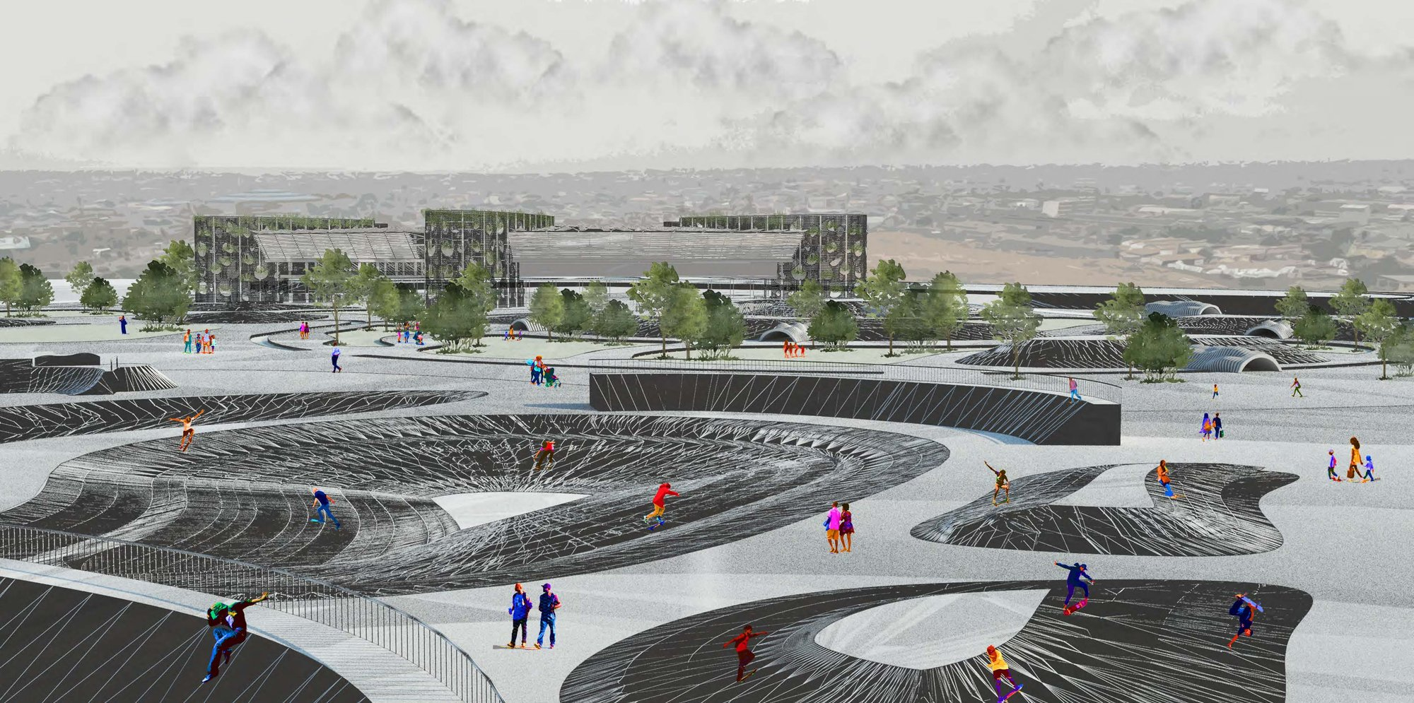 Public landscape with skatepark shaped by reclaimed landfill topography
