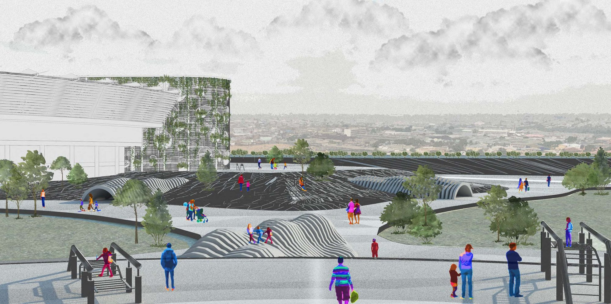 Community plaza integrating recreation, ecology, and open space