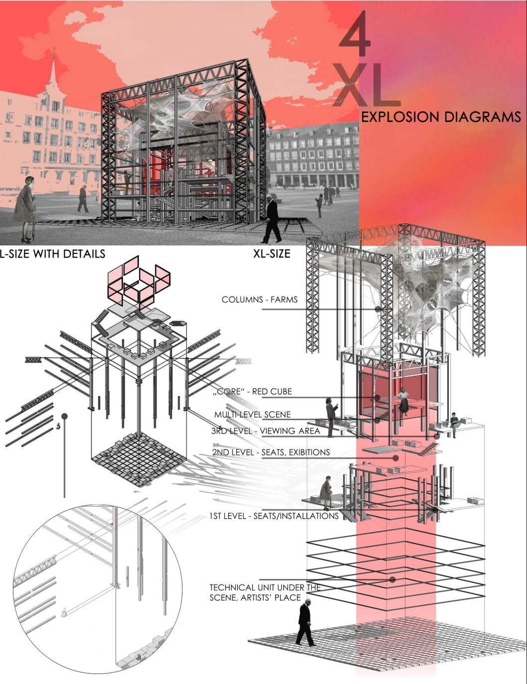 Exploded XL system reveals layered spatial hierarchy and structural logic.