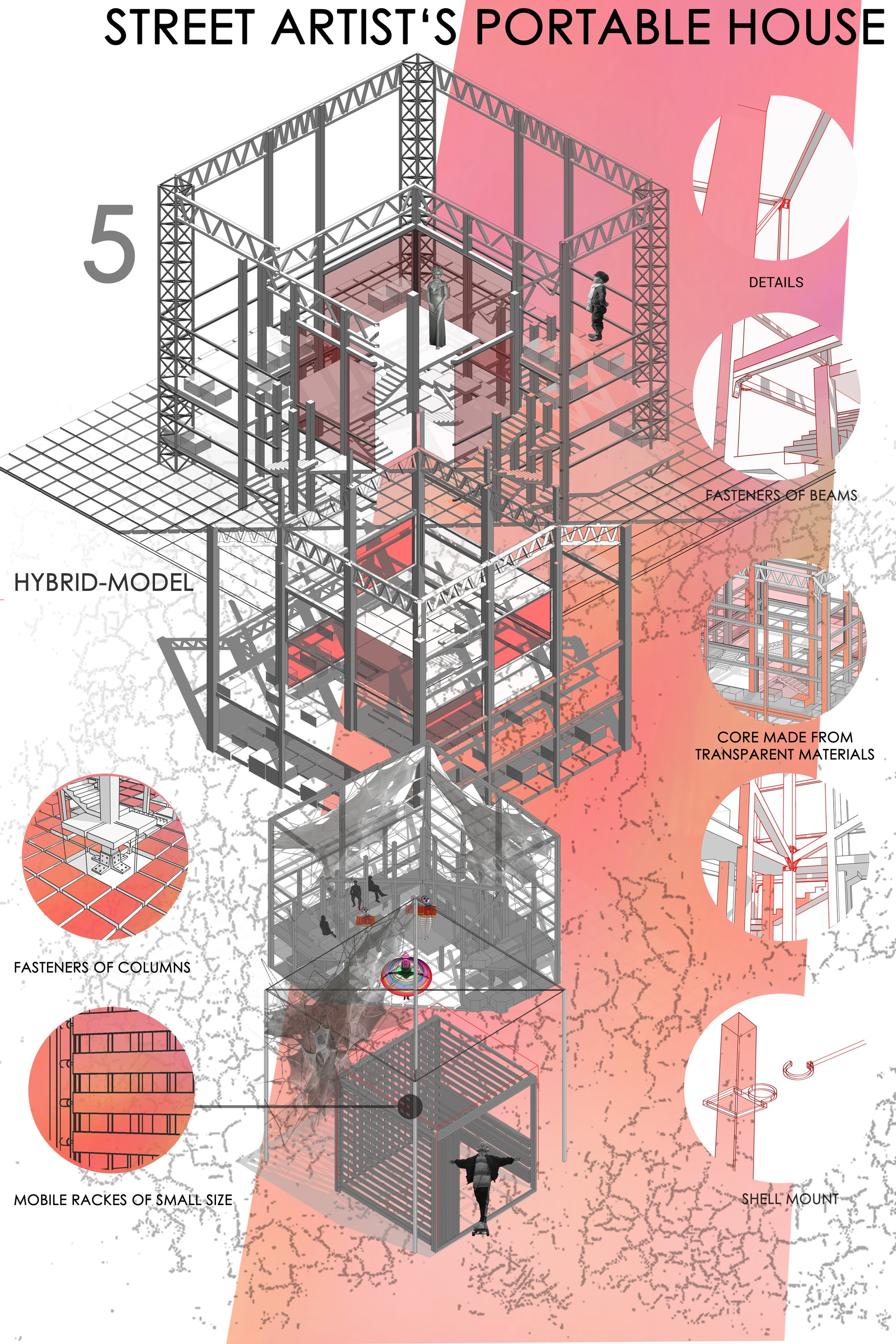Hybrid portable structure integrates performance, exhibition, and mobility in one adaptable frame.