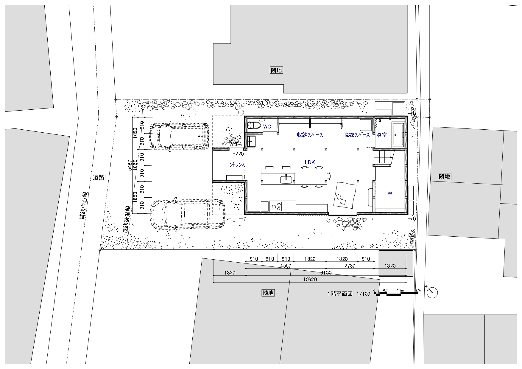 Ground floor plan drawing showing central living space with two parking bays and planted perimeter beds