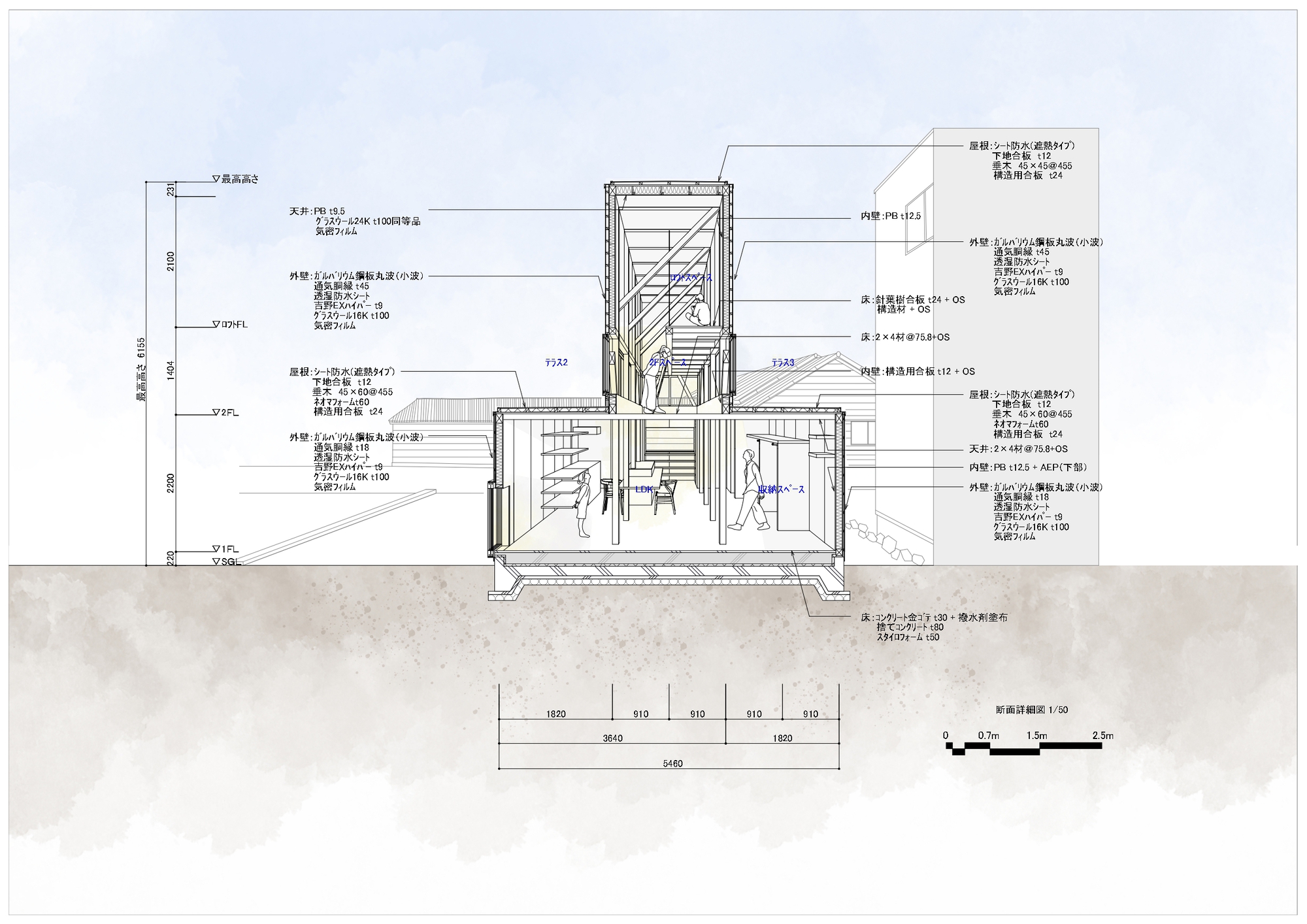 Section drawing revealing split-level interior spaces connected by stairs with human figures for scale