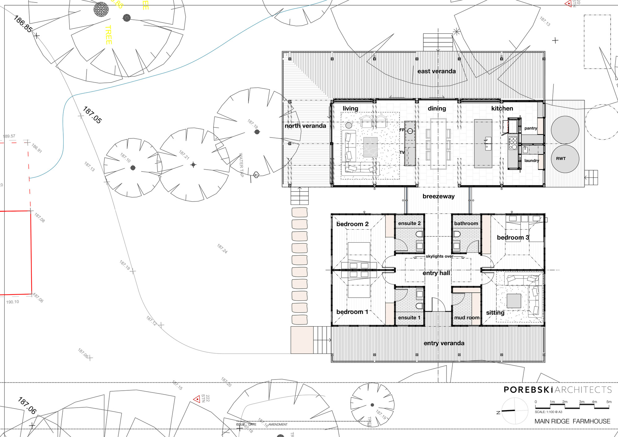 Floor plan drawing showing living wing and bedroom wing separated by central breezeway with surrounding landscape