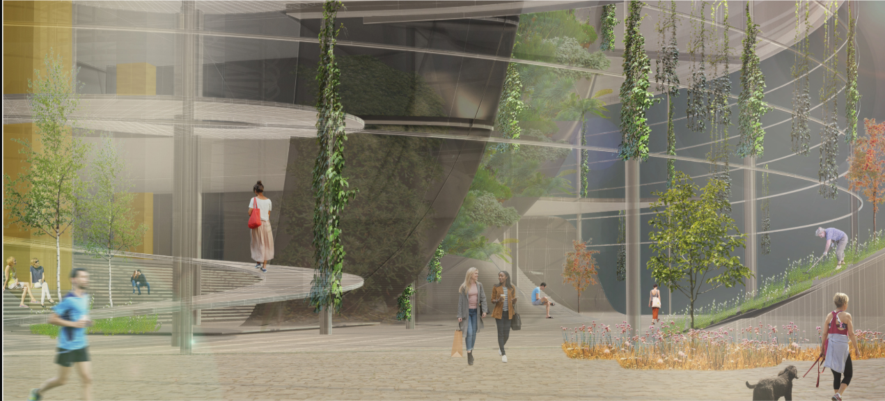 Interior landscapes merge circulation, ecology, and public interaction within a future-focused sustainable tower environment.