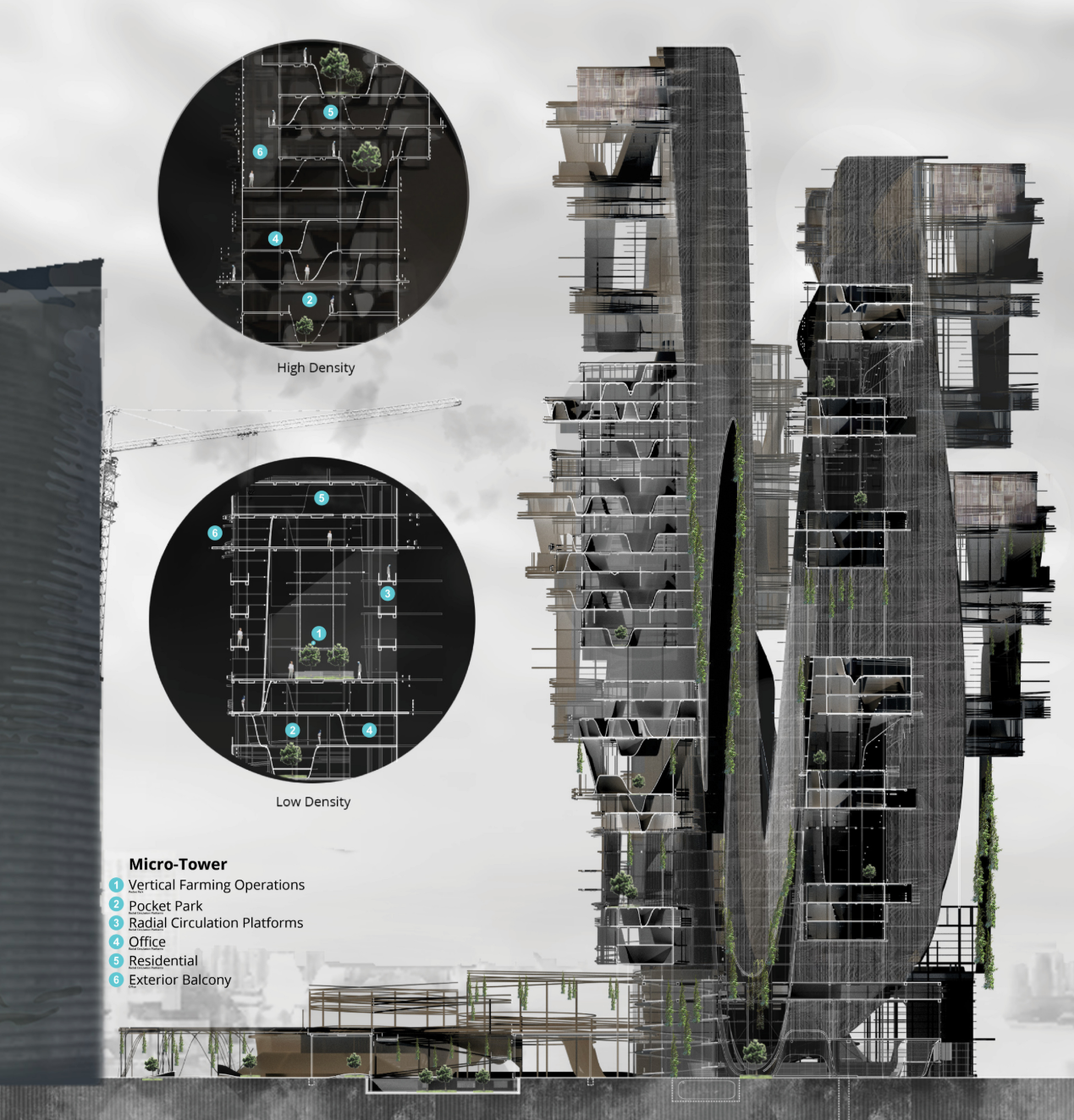 High and low-density tower systems create layered communities connected through green terraces and shared social infrastructure.