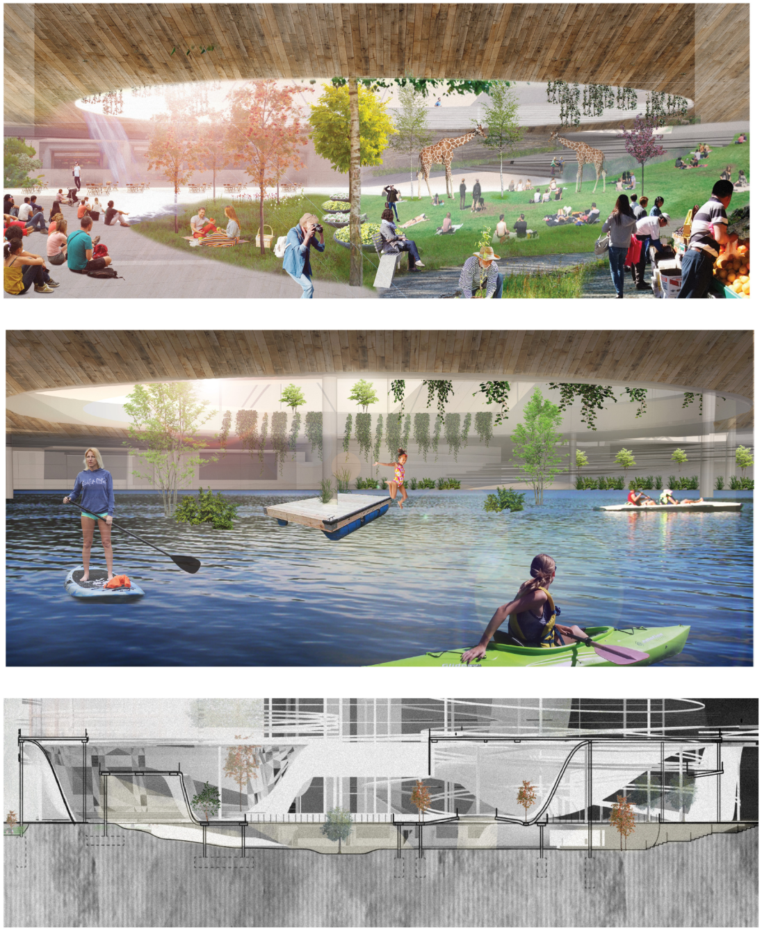 Public landscapes and water-integrated recreation spaces transform the tower base into an active urban ecosystem.