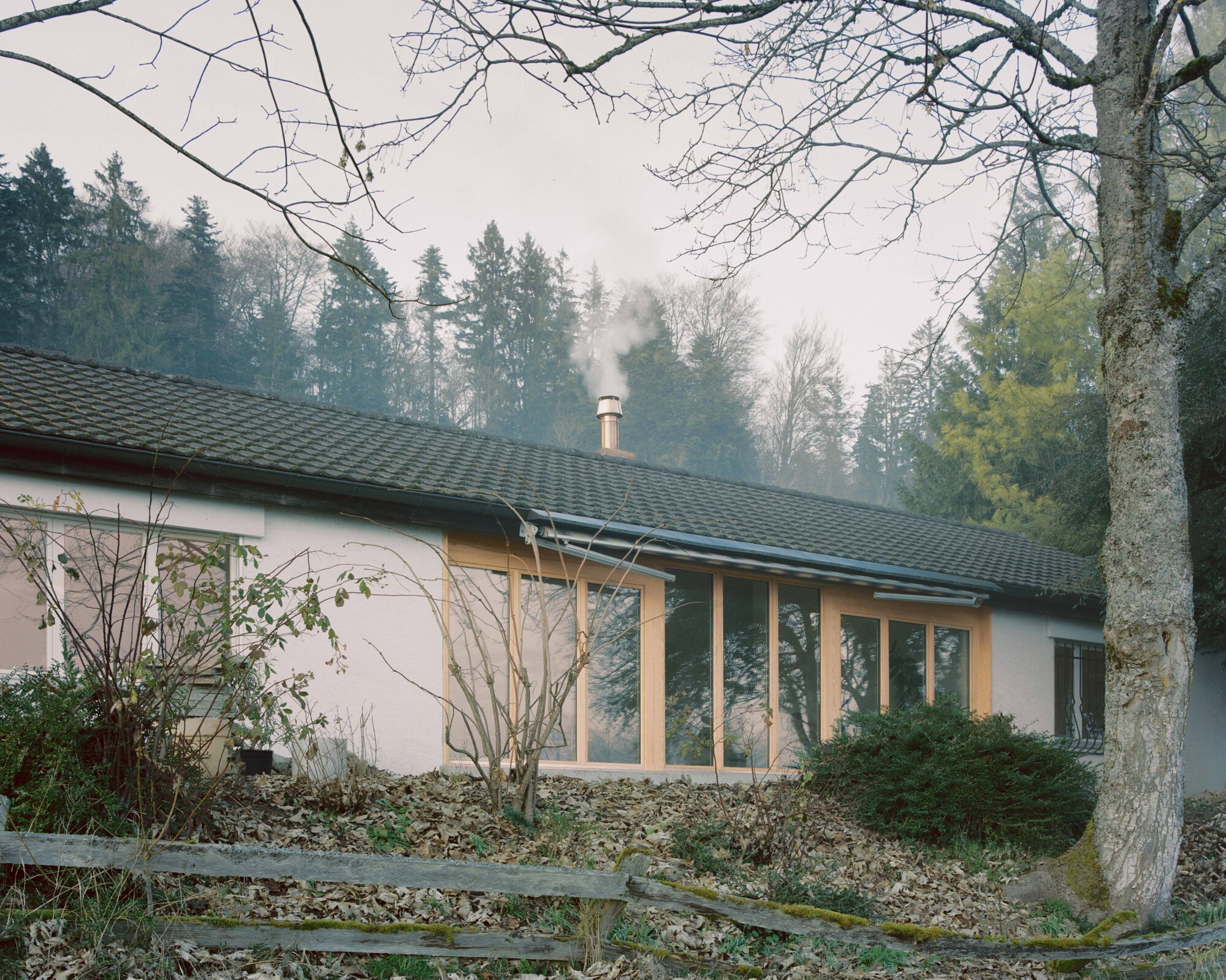 Exterior view of the low-pitched roof with chimney smoke rising into the forest mist