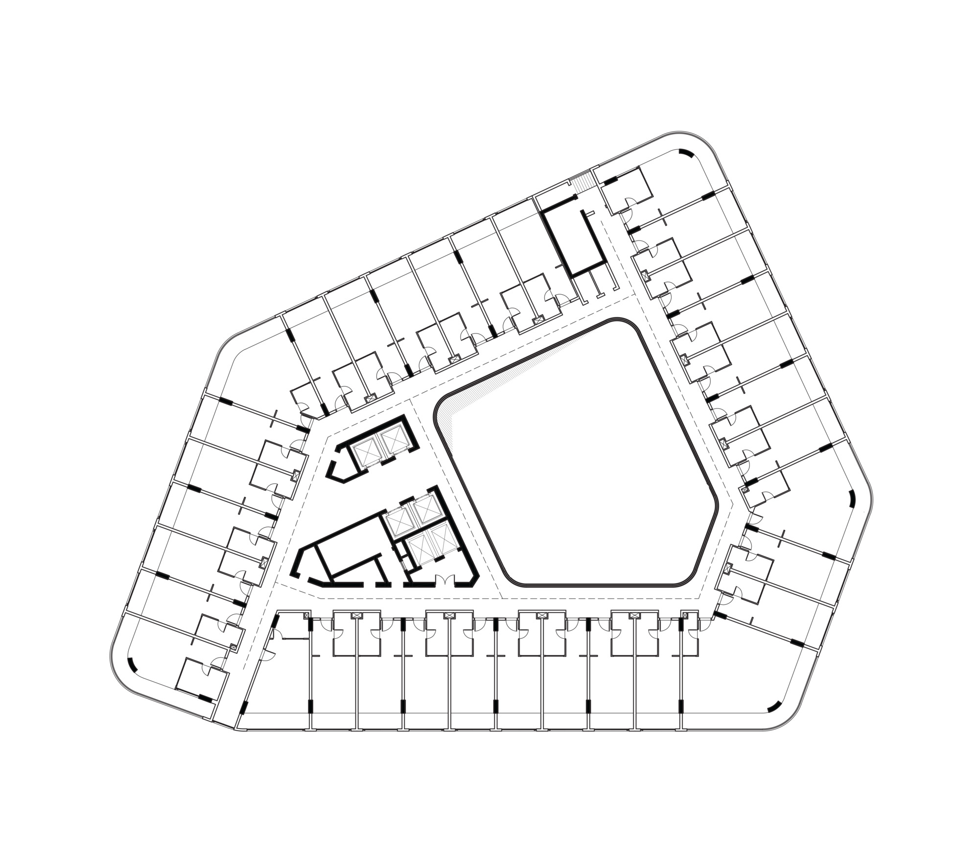 Floor plan drawing of a pentagonal form with residential units wrapping around a central courtyard