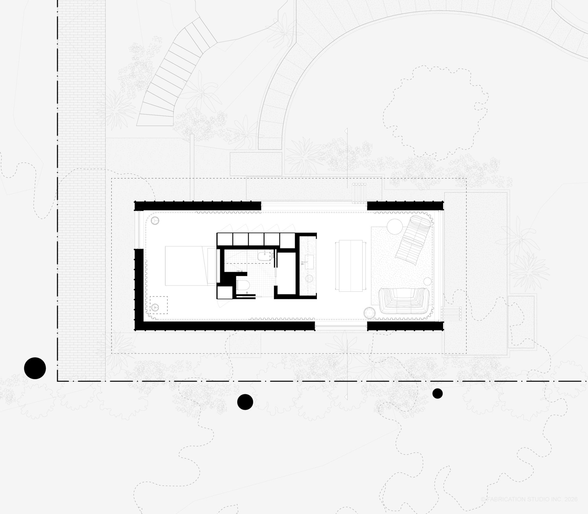 Floor plan drawing showing a rectangular residence with interior core and surrounding landscape