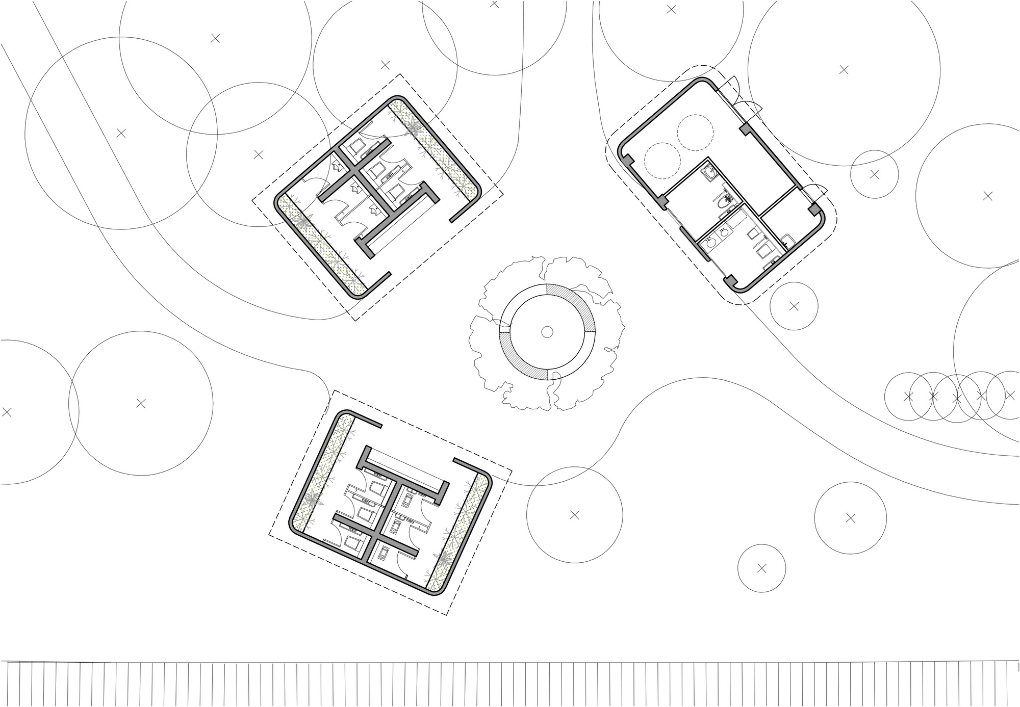 Site plan drawing depicting three rectangular pavilions arranged around a central circular fountain with tree canopies
