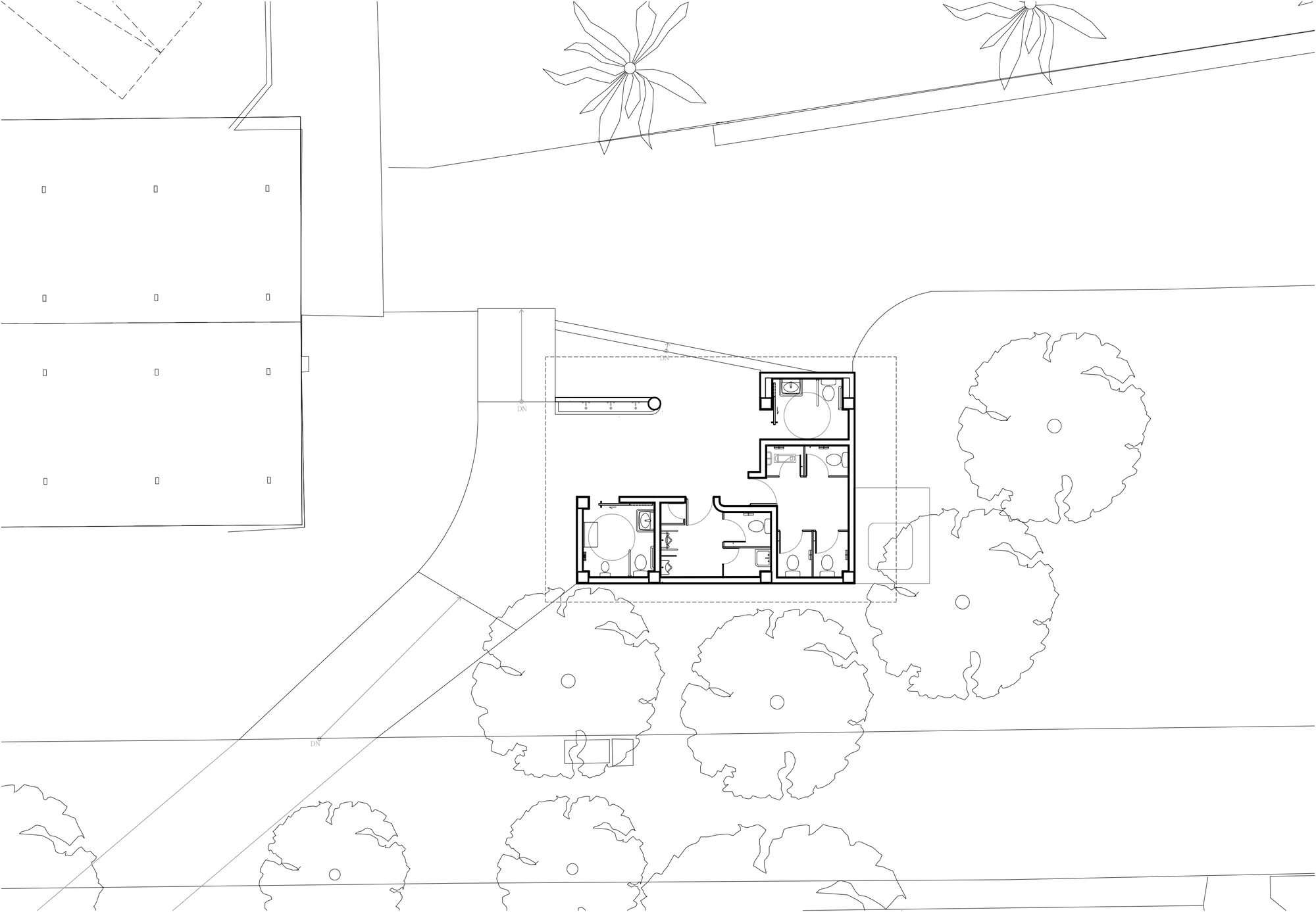 Floor plan drawing showing the interior layout of one pavilion with surrounding tree canopies