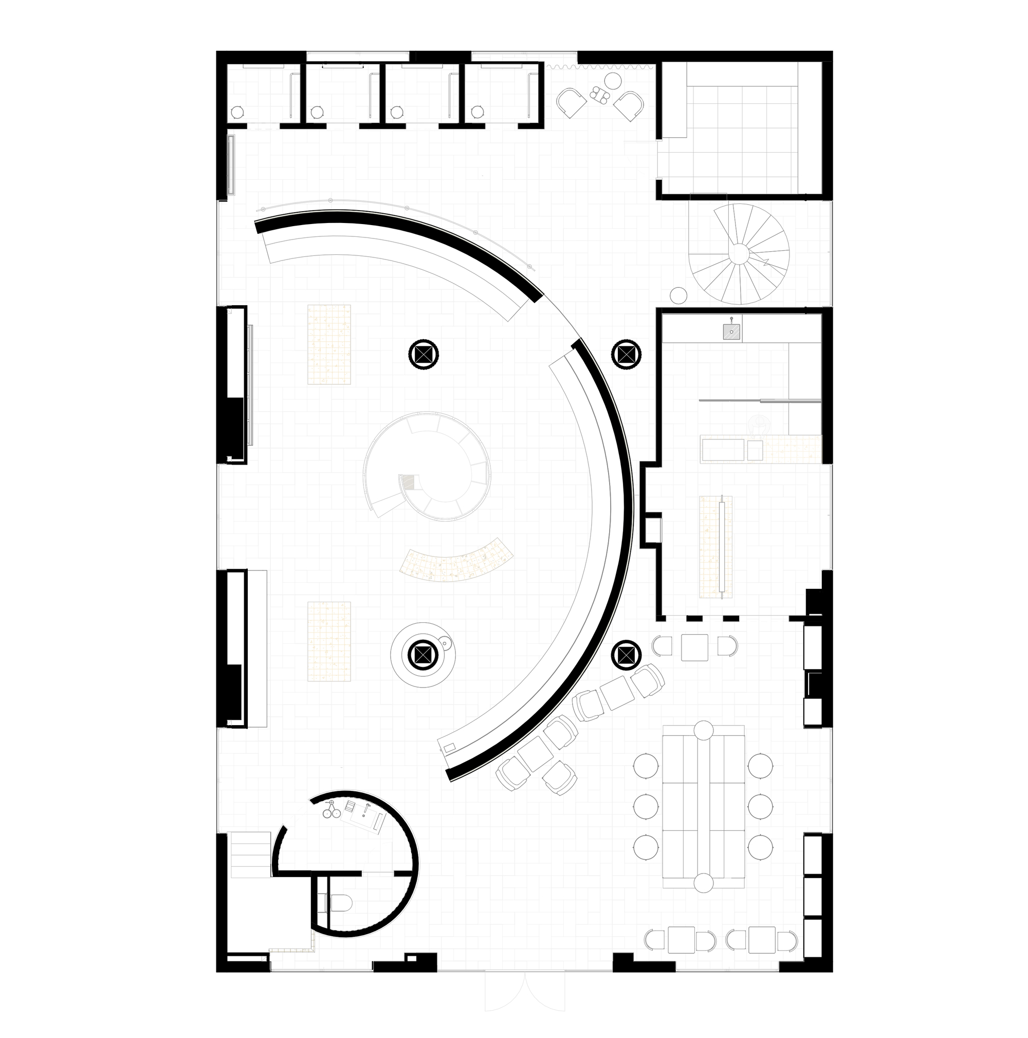 Floor plan drawing showing a curving wall enclosing a spiral stair and open workspace
