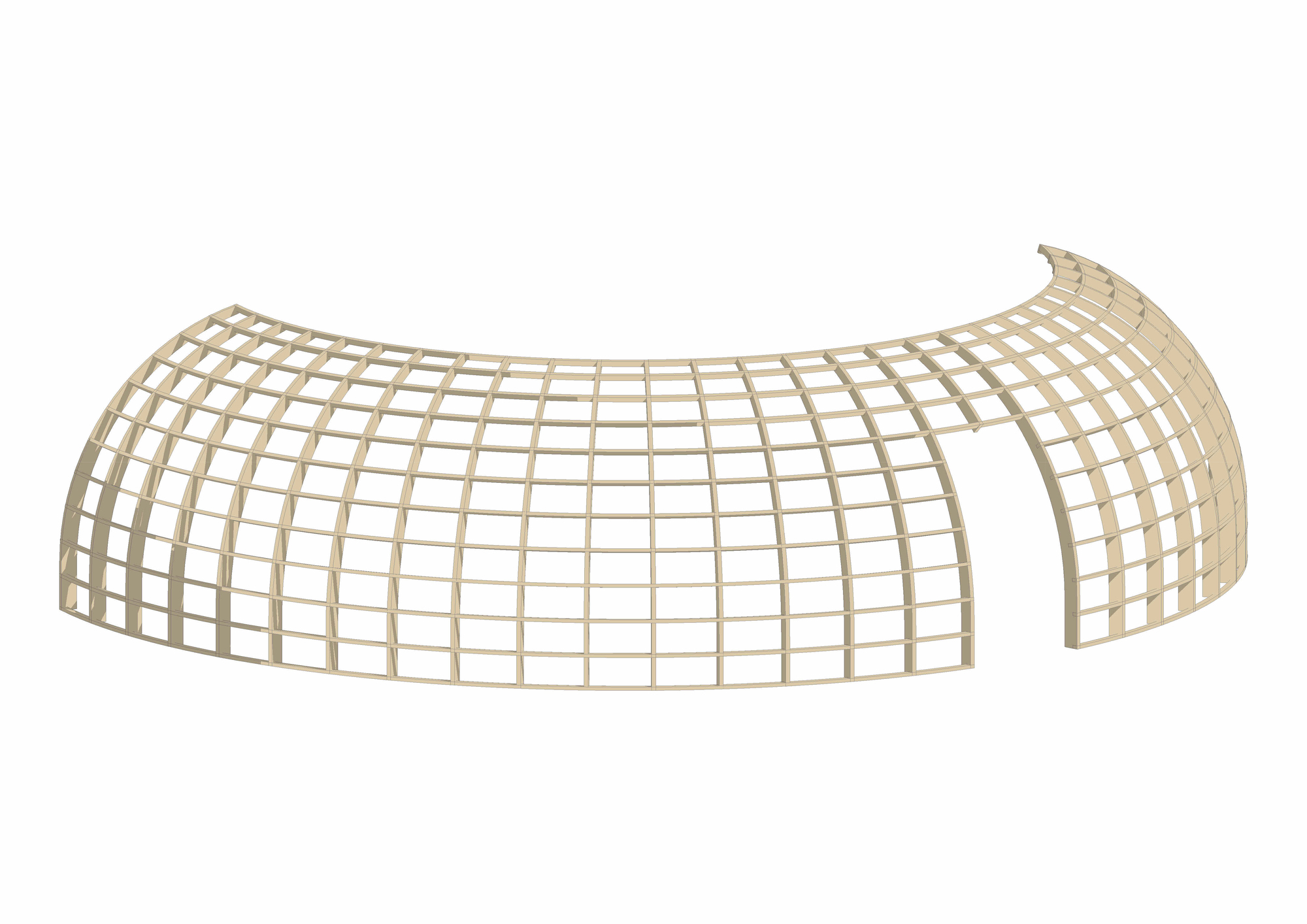 Axonometric drawing of a curving lattice roof structure with three radiating lobes in pale timber