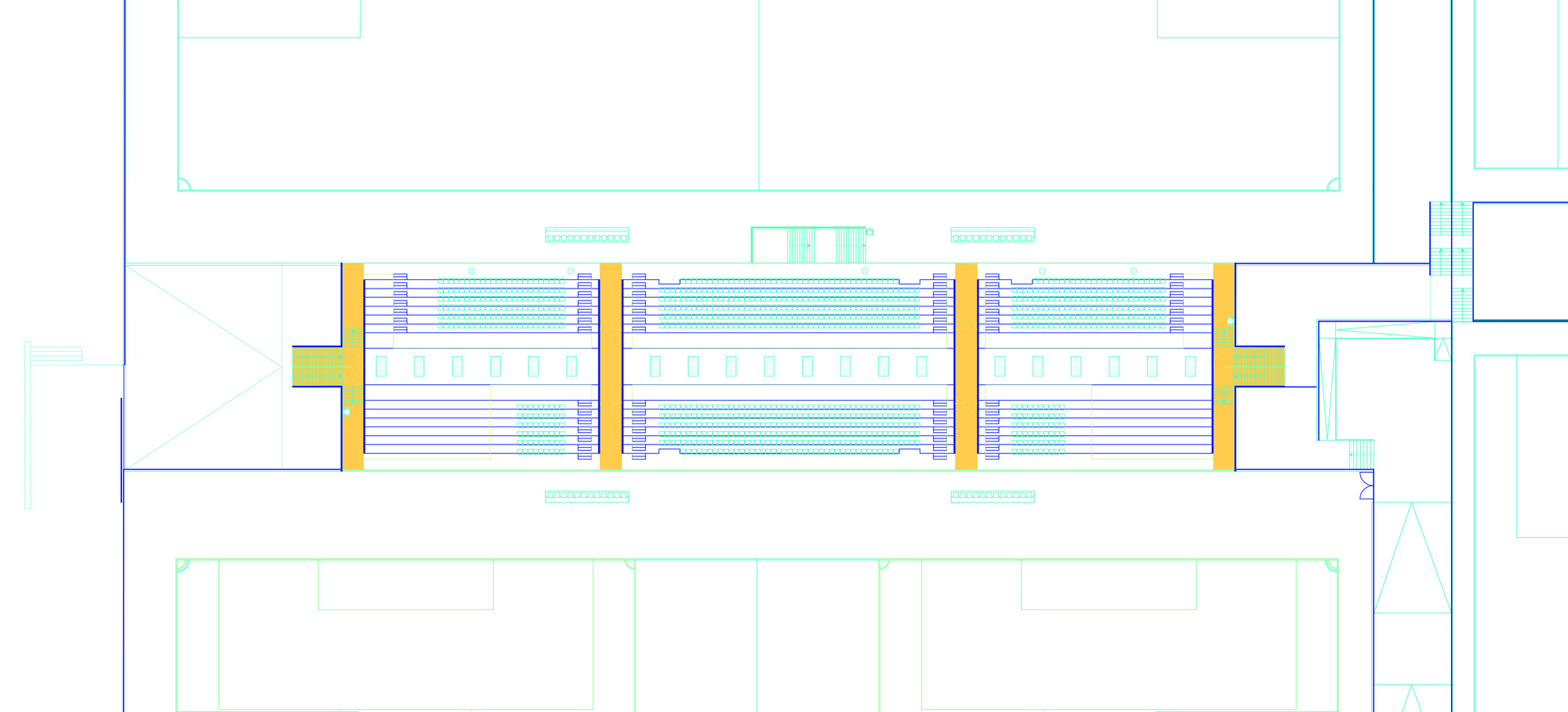 Floor plan drawing illustrating the seating tiers and yellow structural bays along the canopy