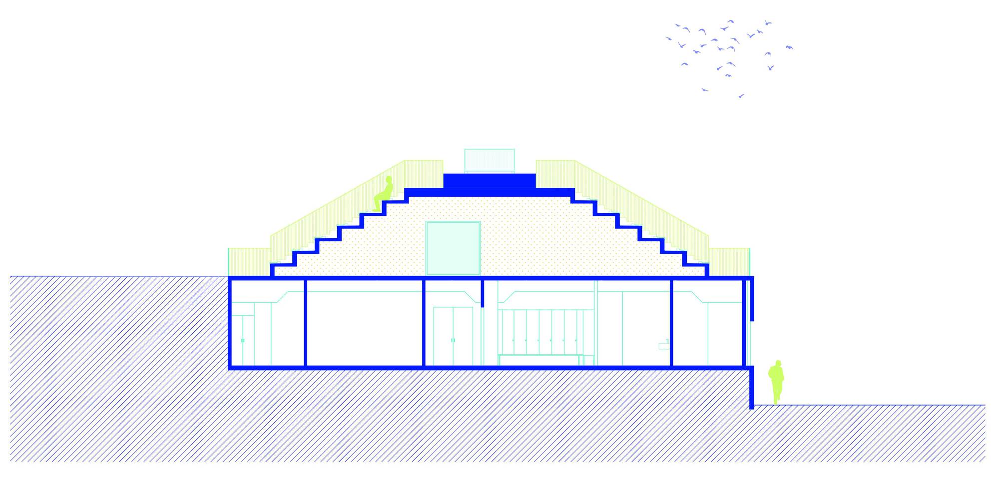 Section drawing revealing the stepped seating profile beneath a curved roof with birds overhead