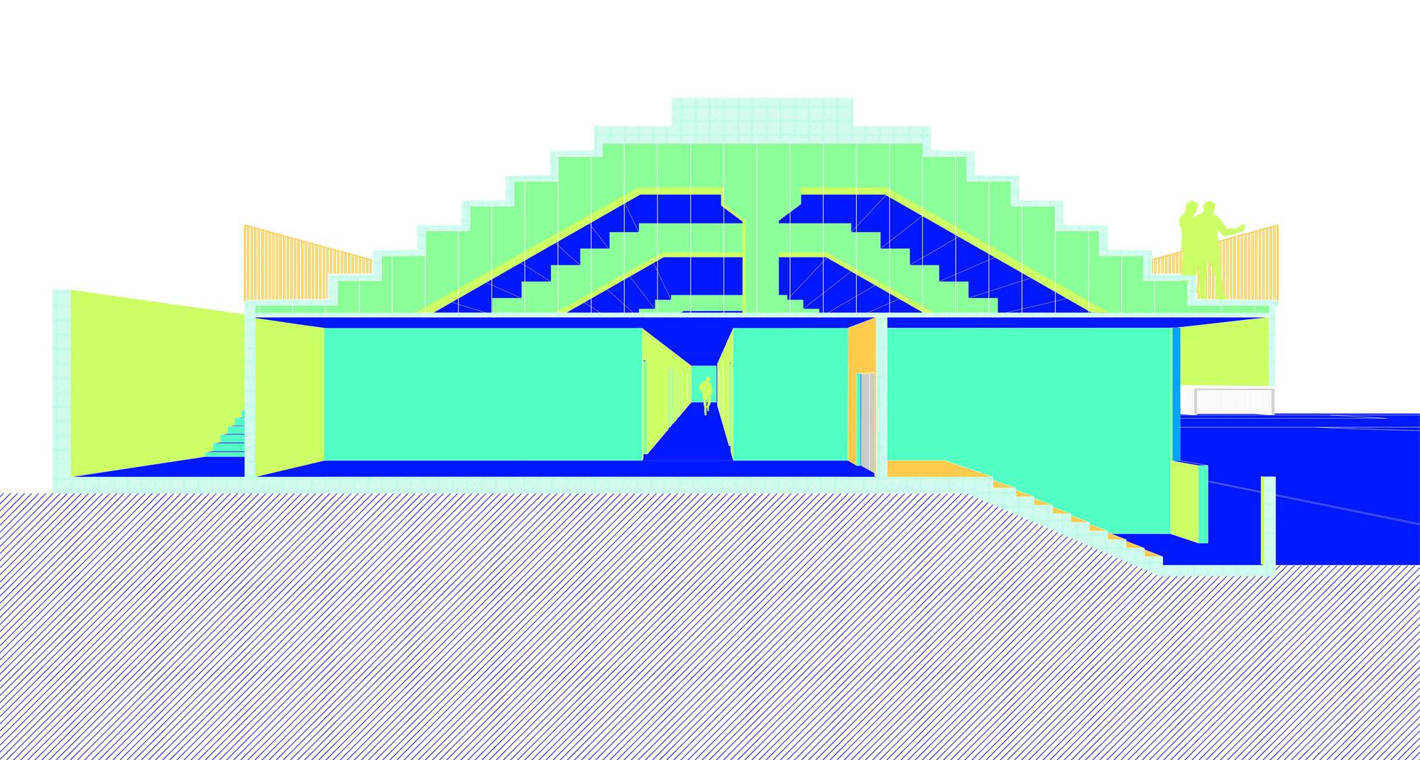 Elevation drawing revealing the symmetrical double-pitched roof structure over stepped interior volumes in color-coded material zones
