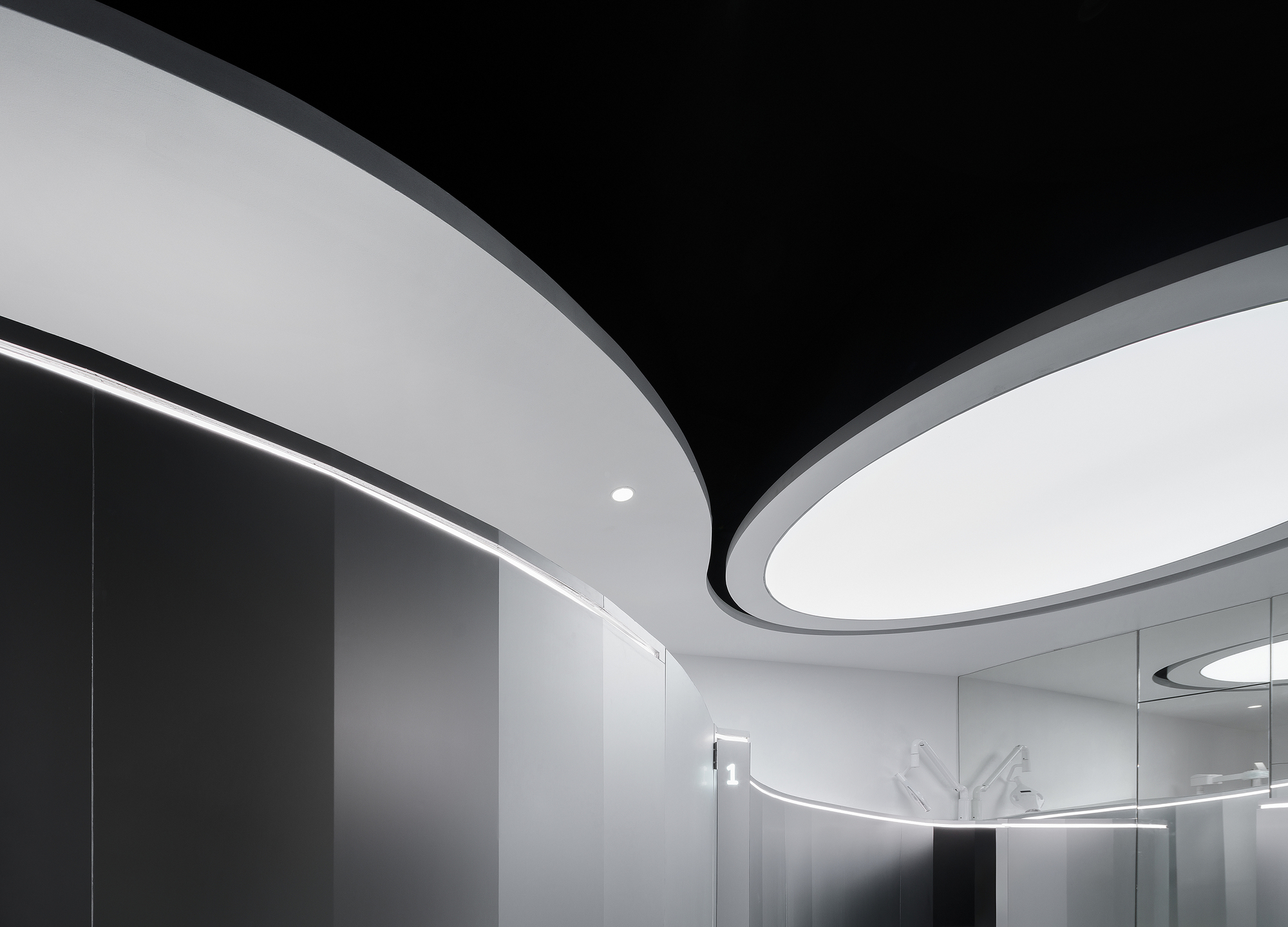 Ceiling detail showing curved white and black panels meeting at an elliptical light fixture