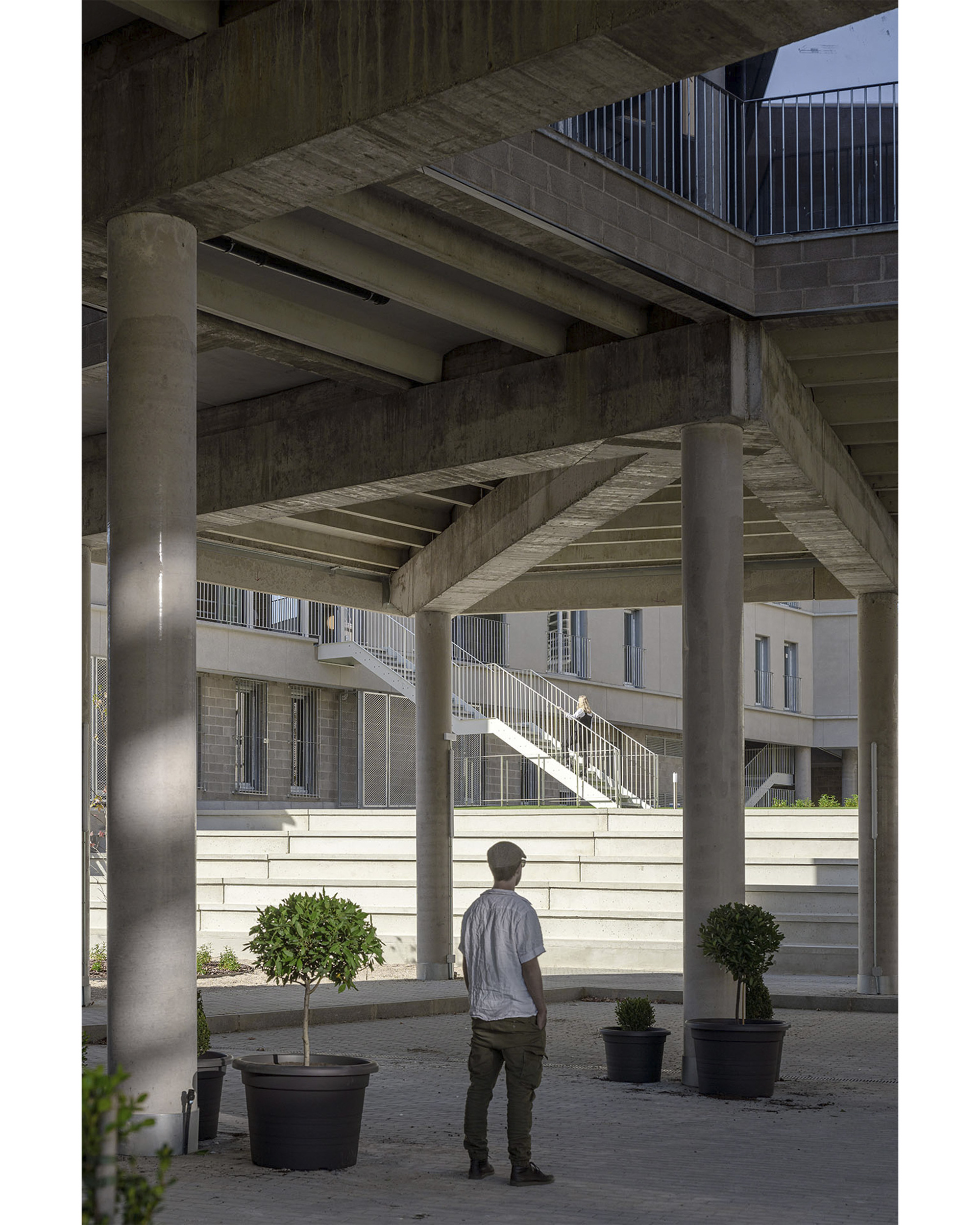 Covered courtyard with cylindrical concrete columns and a person standing among potted trees