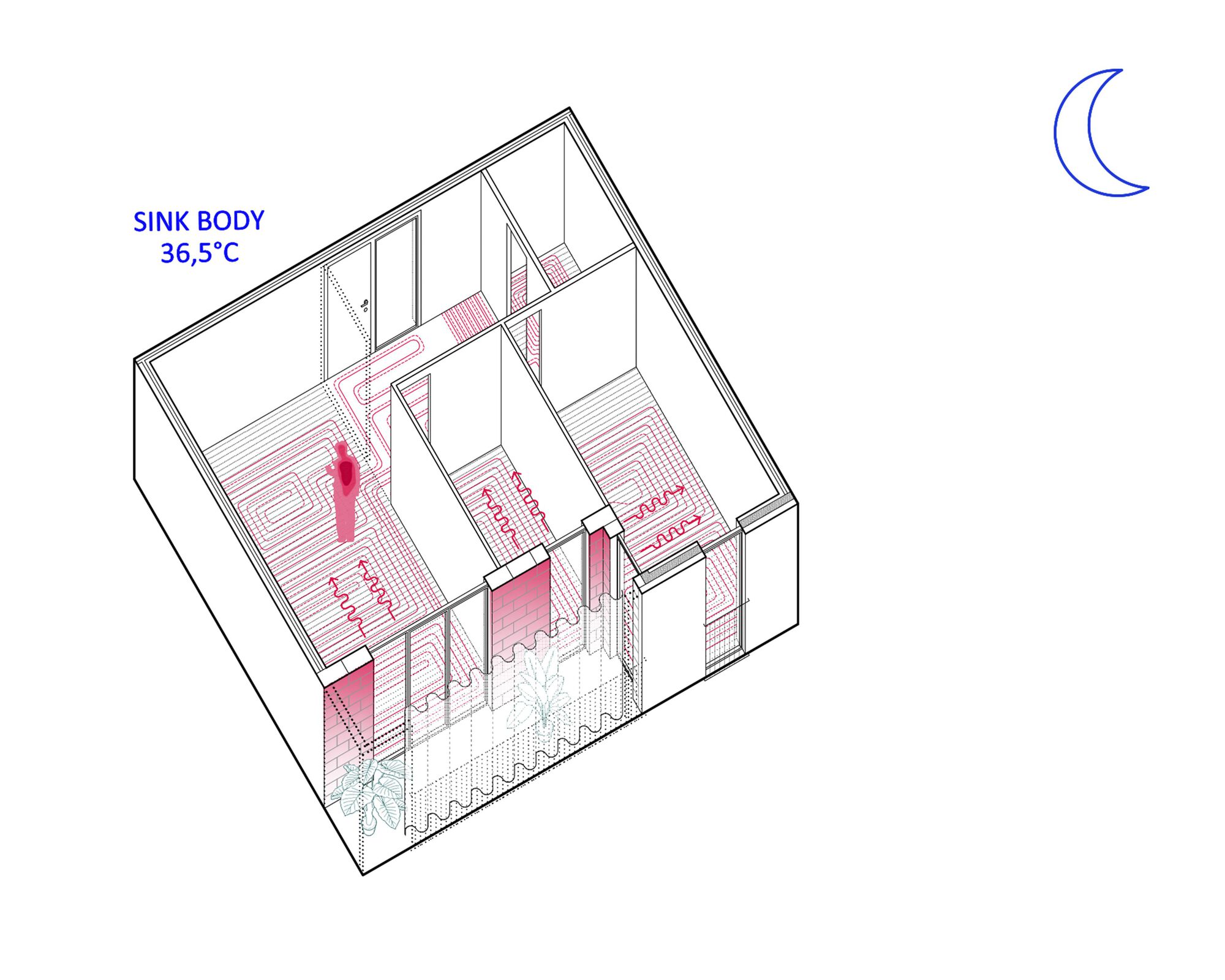 Axonometric drawing showing thermal air flow patterns in red through interior rooms at night