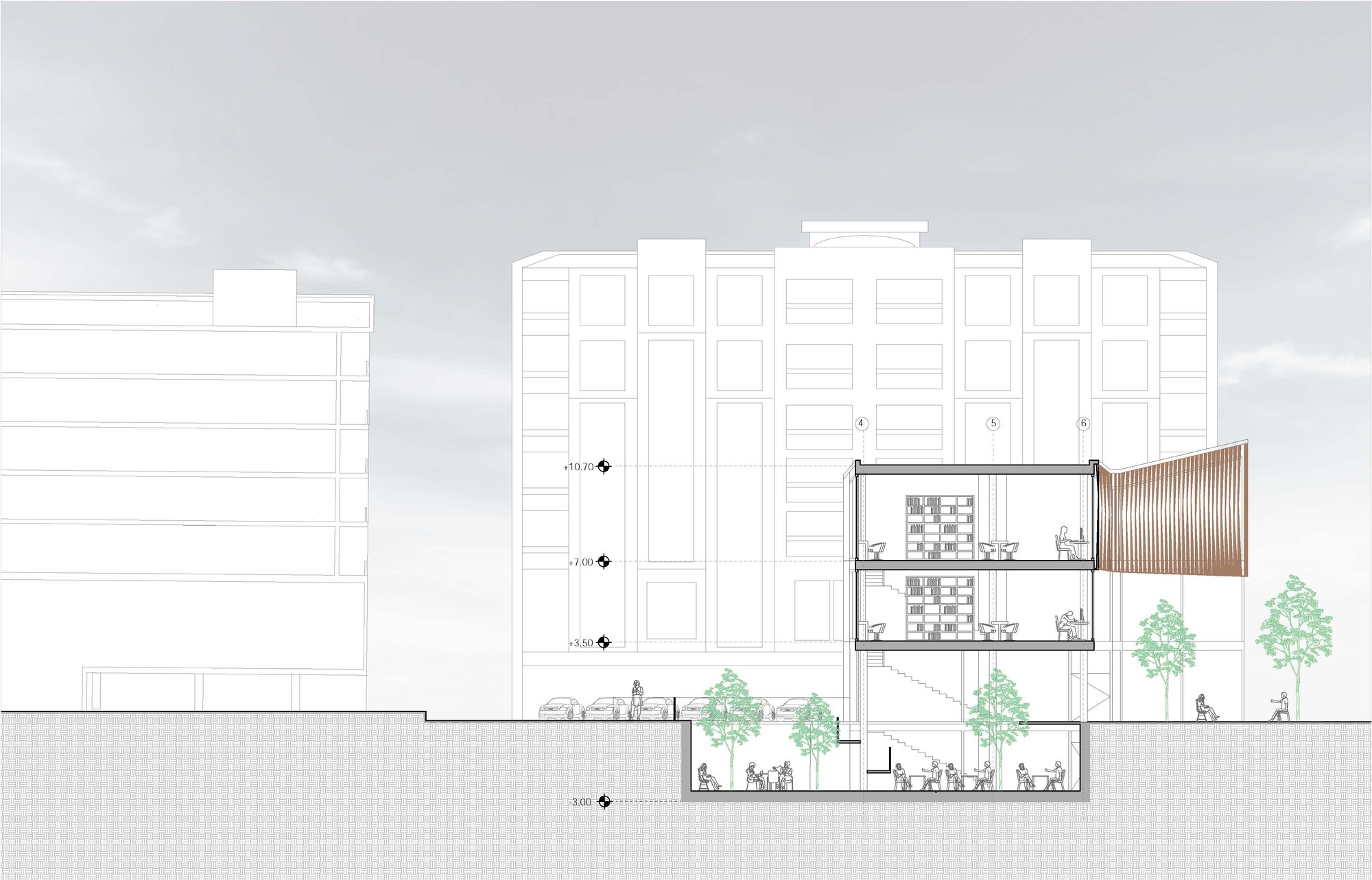 Sectional cut revealing layered library spaces and sunken public courtyard integration