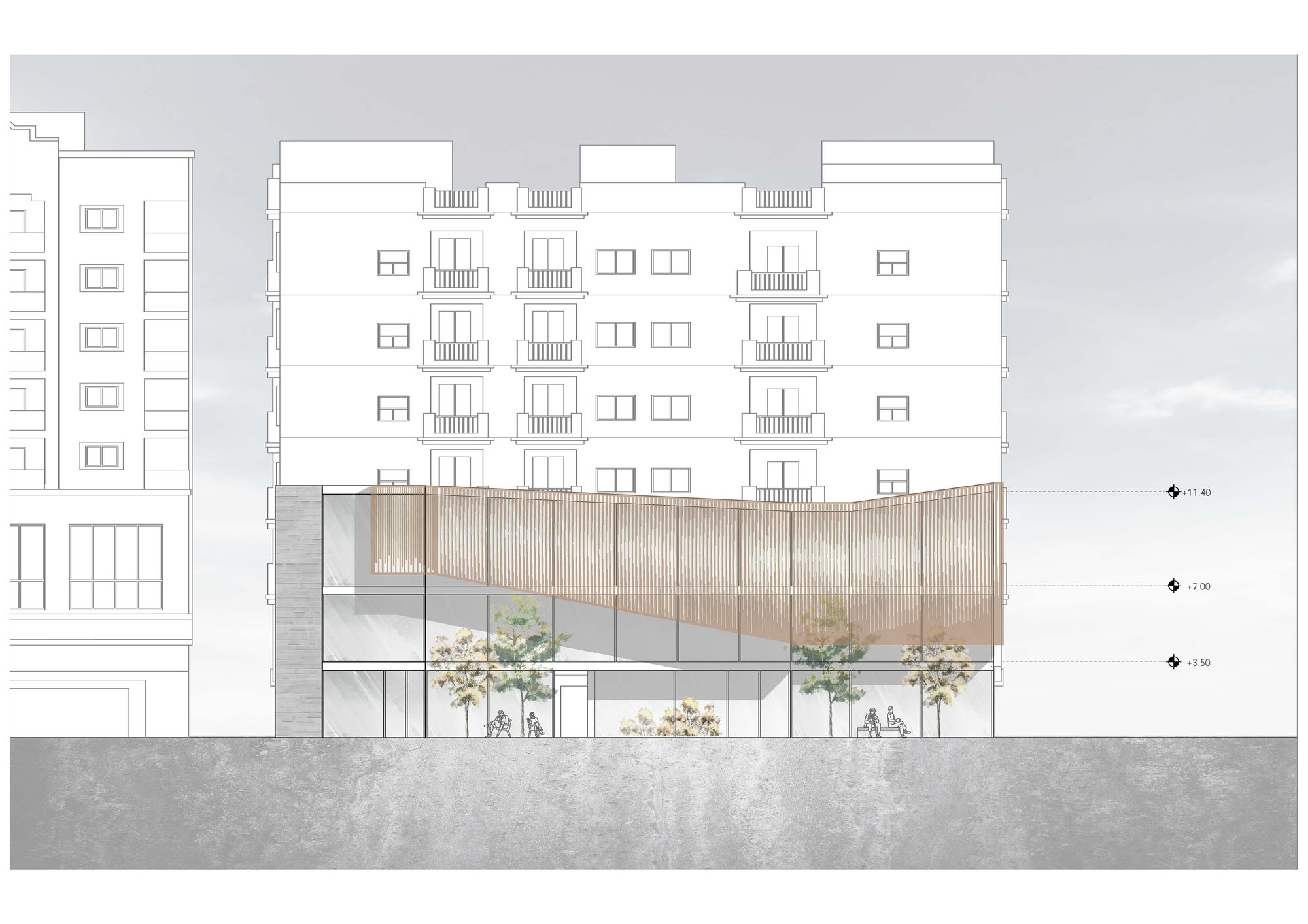 Street elevation with perforated wooden facade filtering light and defining civic identity