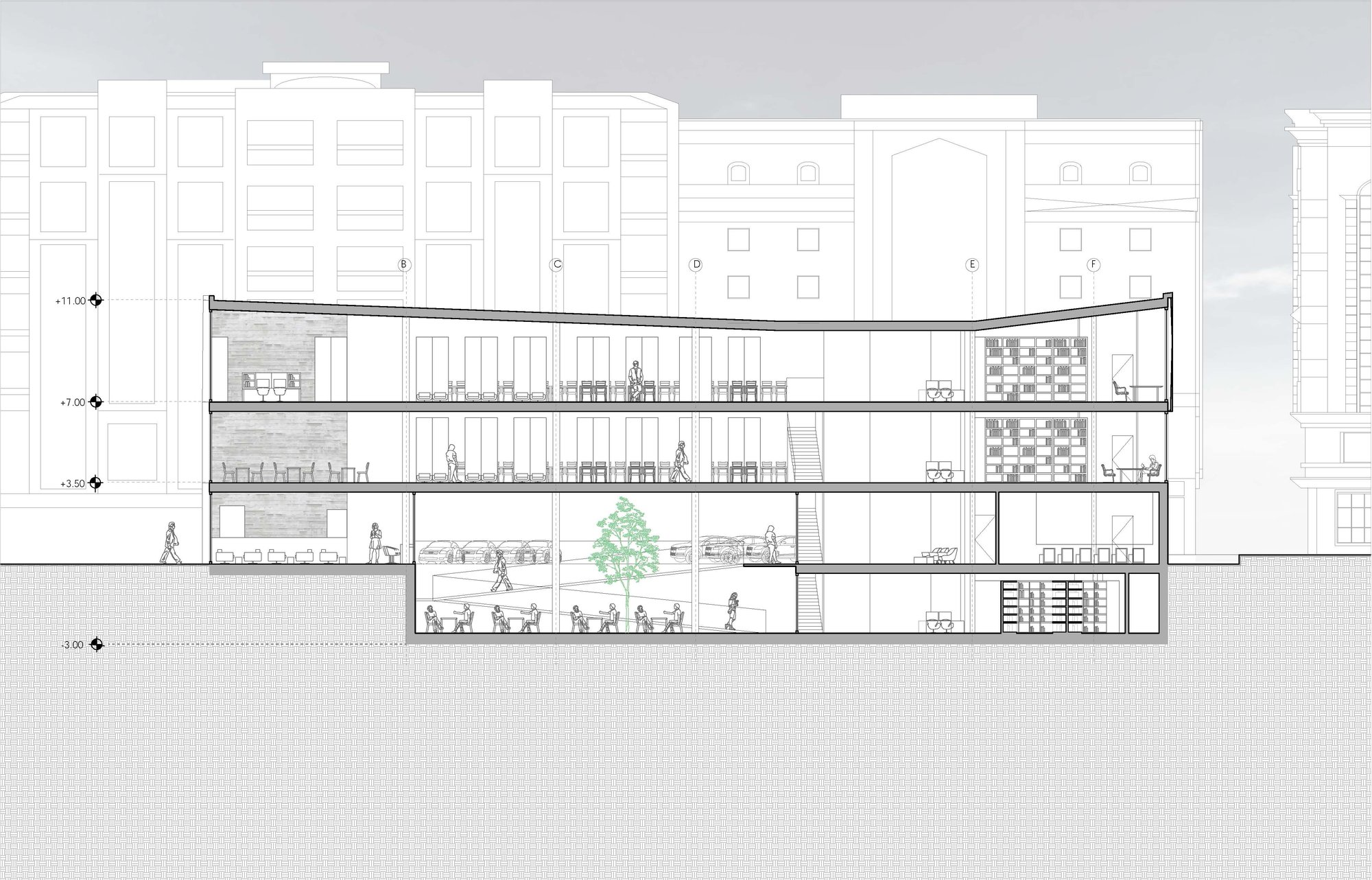 Longitudinal section illustrating spatial hierarchy from underground plaza to upper reading zones