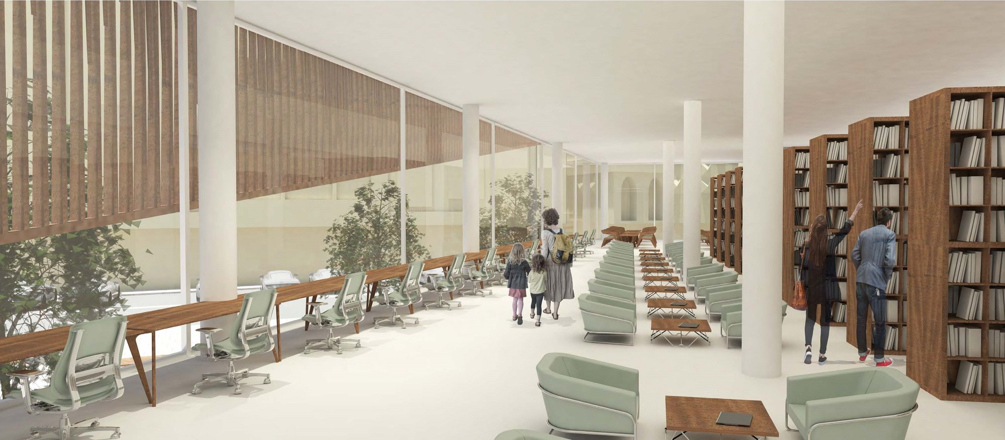 Interior reading space with linear workstations overlooking the landscaped public court