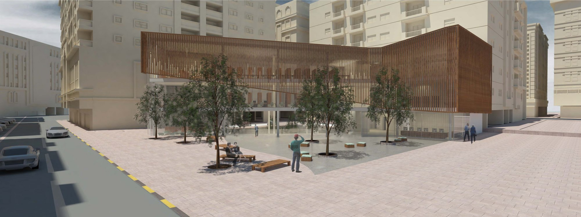 Urban infill library activating the street edge through transparency and shaded gathering zones