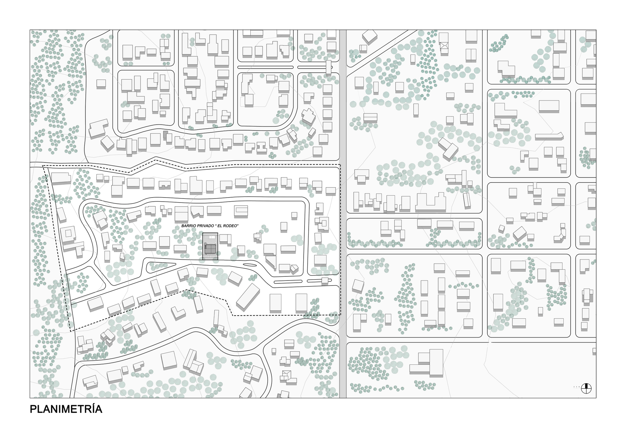 Site plan drawing showing curving streets, building footprints, and tree clusters across a residential area