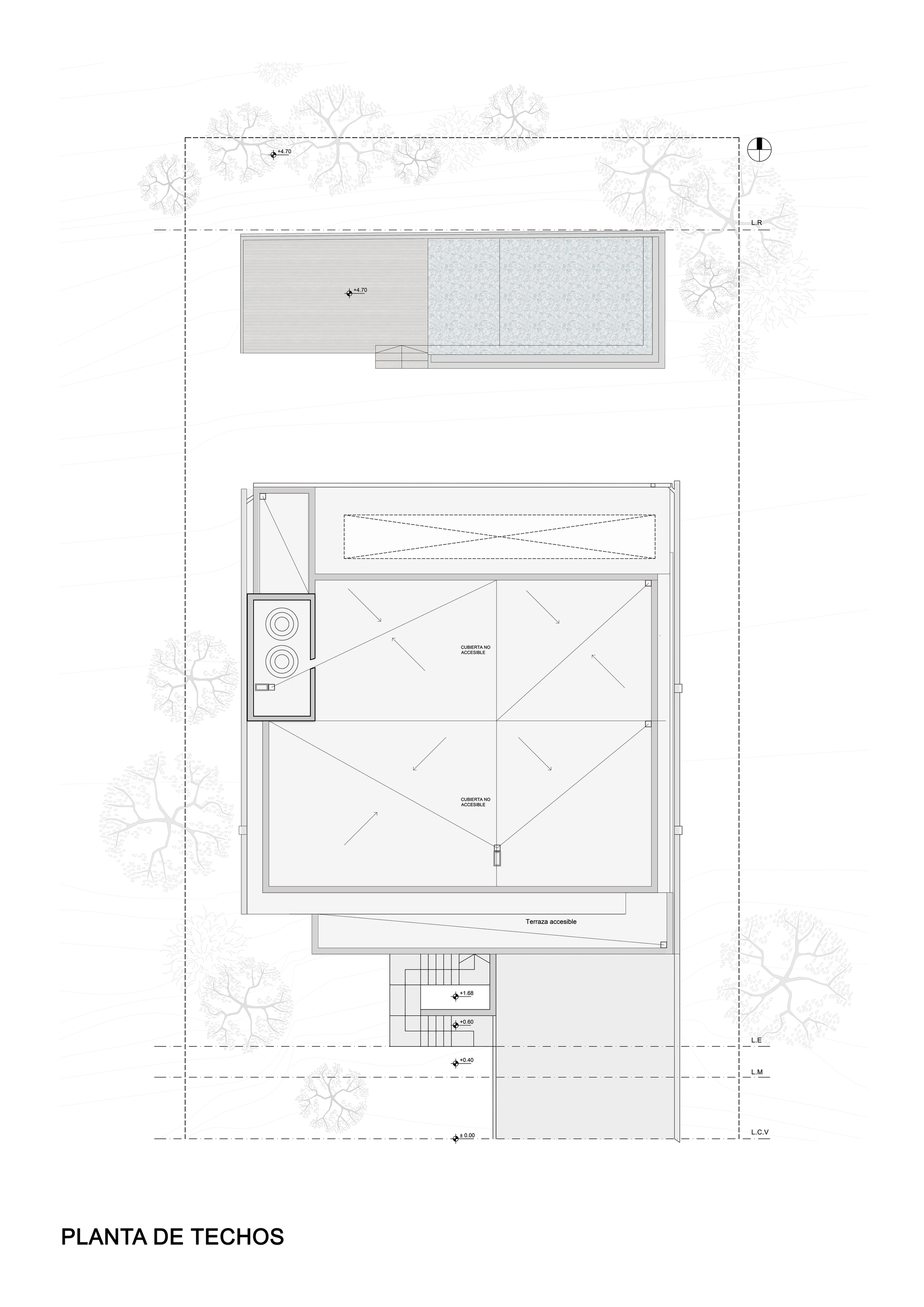 Roof plan drawing showing a rectangular volume with pool and upper terrace surrounded by trees