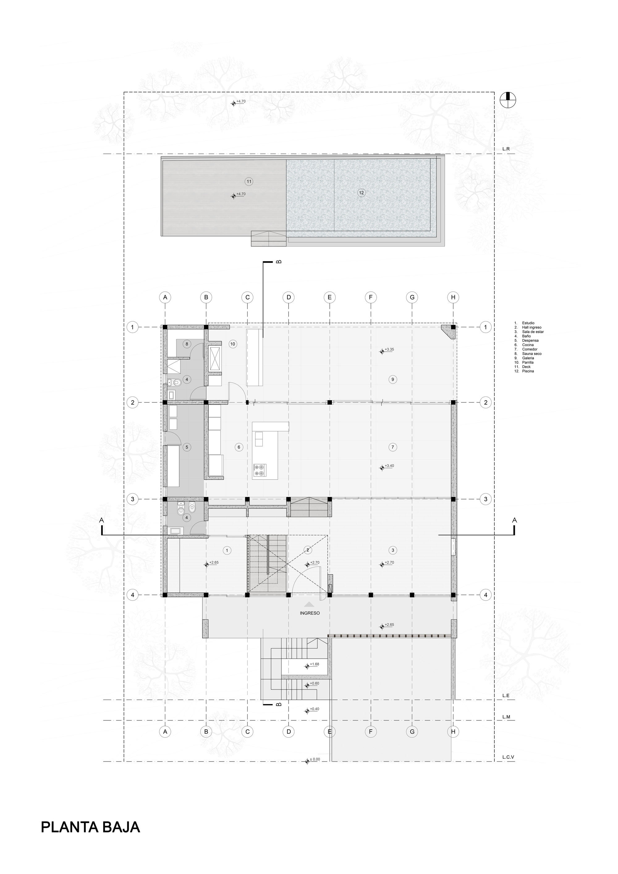 Ground floor plan drawing showing living spaces arranged around central staircase and rear terrace