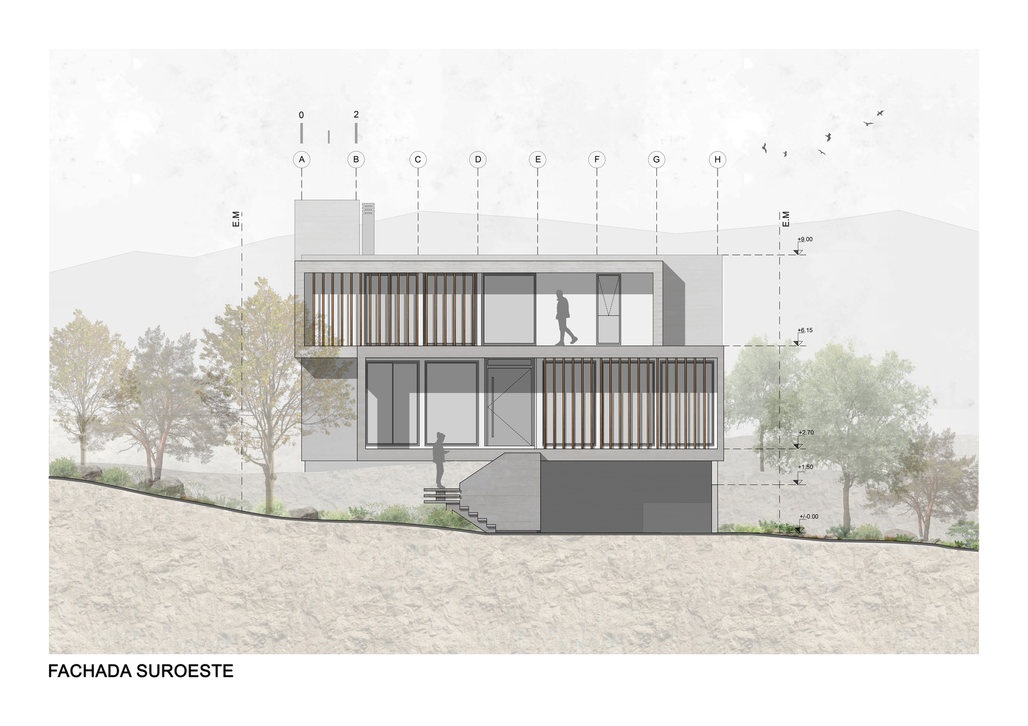 Southwest elevation drawing showing three-level volume with vertical wood screens and figure silhouettes on slope