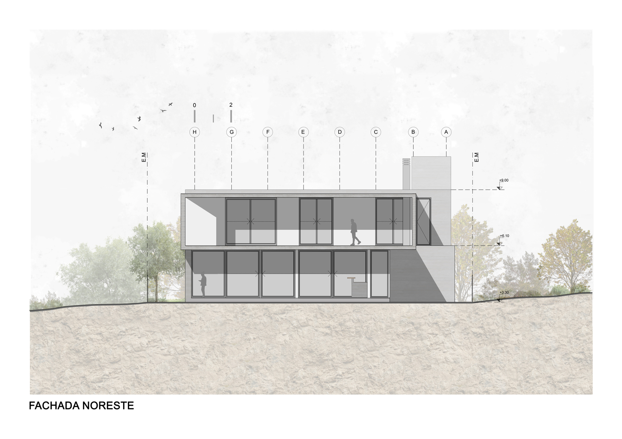 Elevation drawing of a two-story residence cut into a hillside with surrounding trees