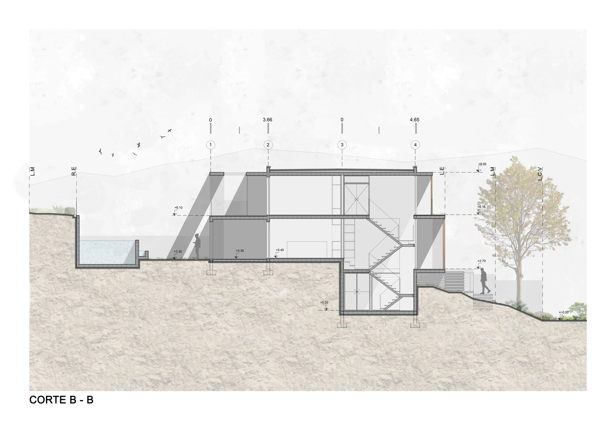 Section drawing showing the internal staircase and split-level configuration embedded in sloped terrain