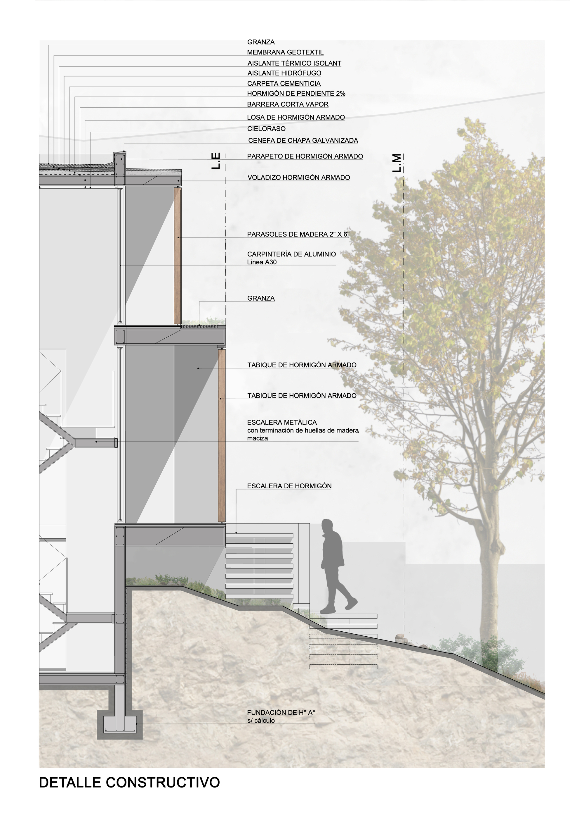 Construction detail section showing the layered wall assembly with a figure on exterior steps