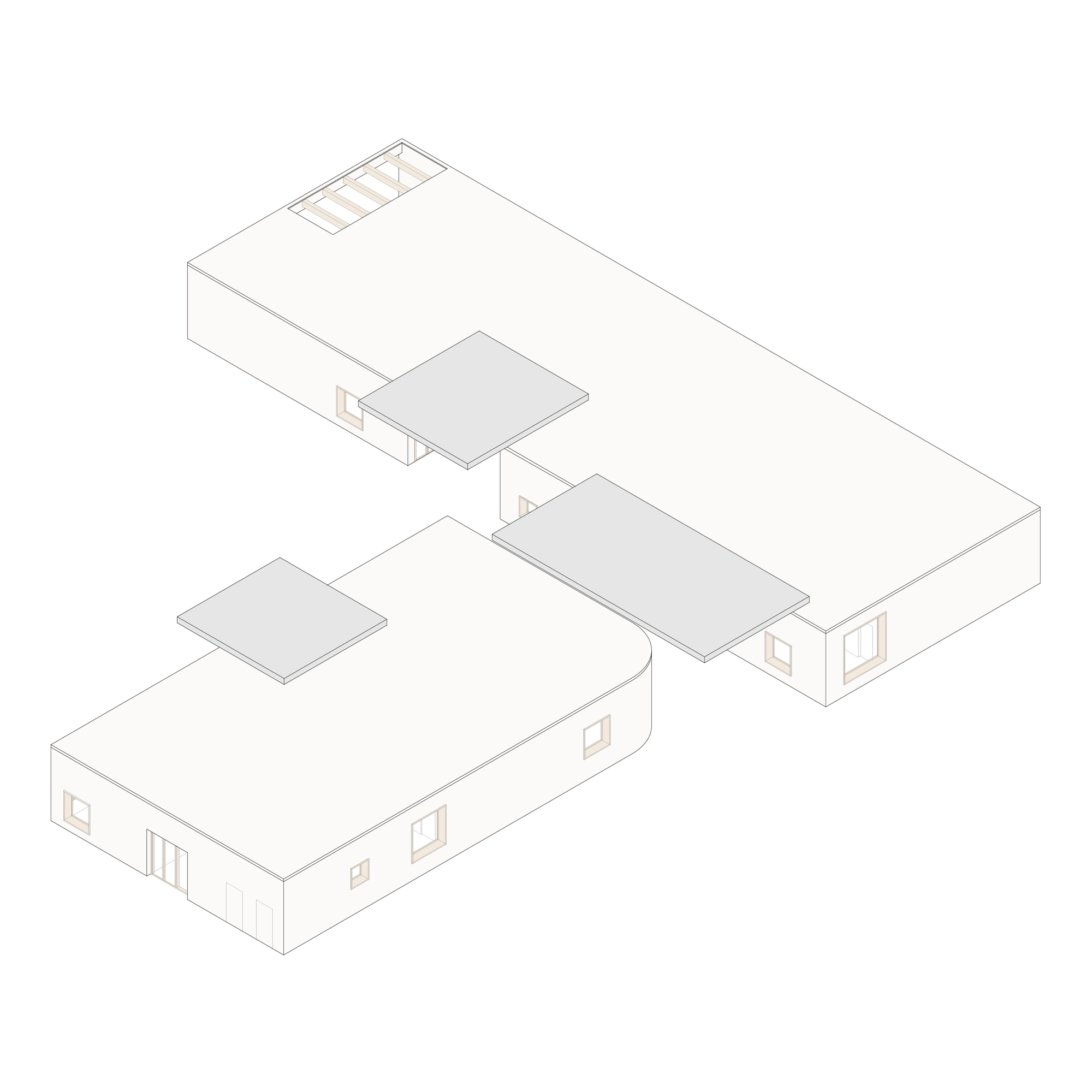 Axonometric drawing showing two offset rectangular volumes connected by circulation spaces and three shaded courtyards
