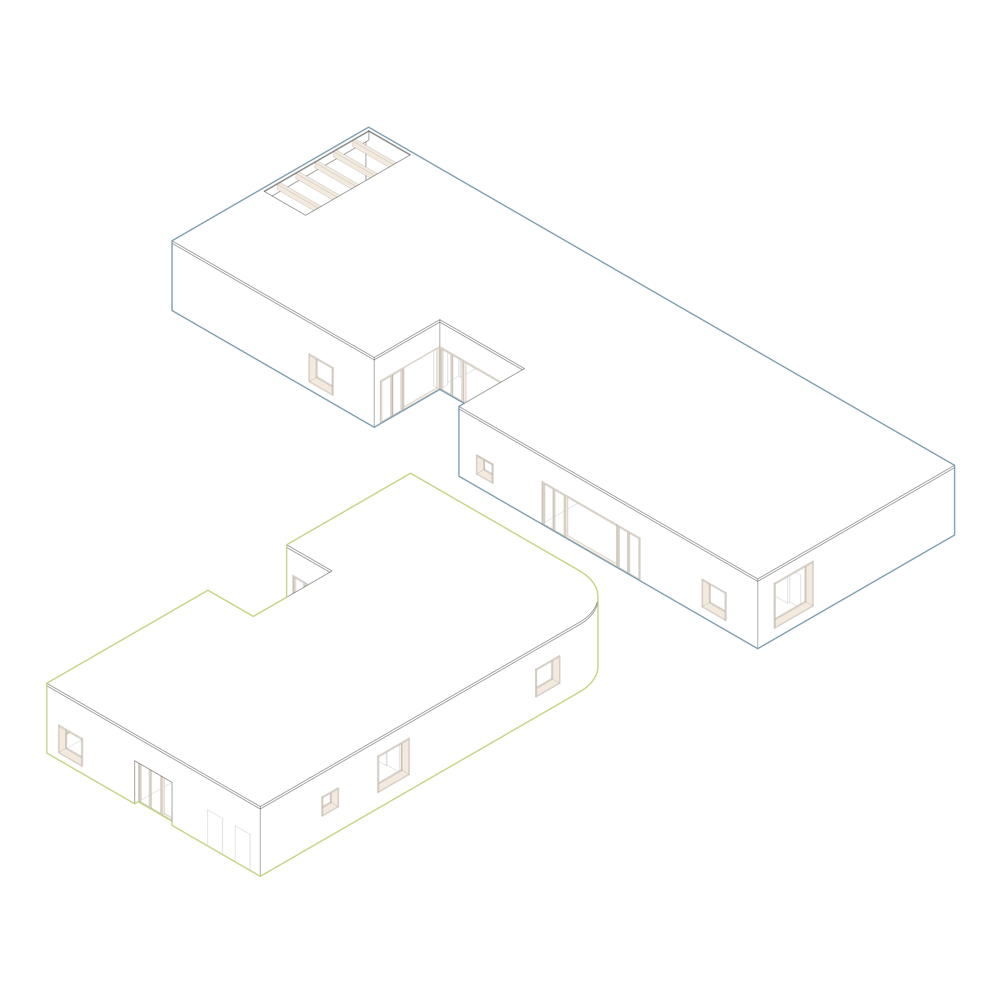 Axonometric drawing showing two offset rectangular volumes with highlighted walls and connecting transparent circulation zone