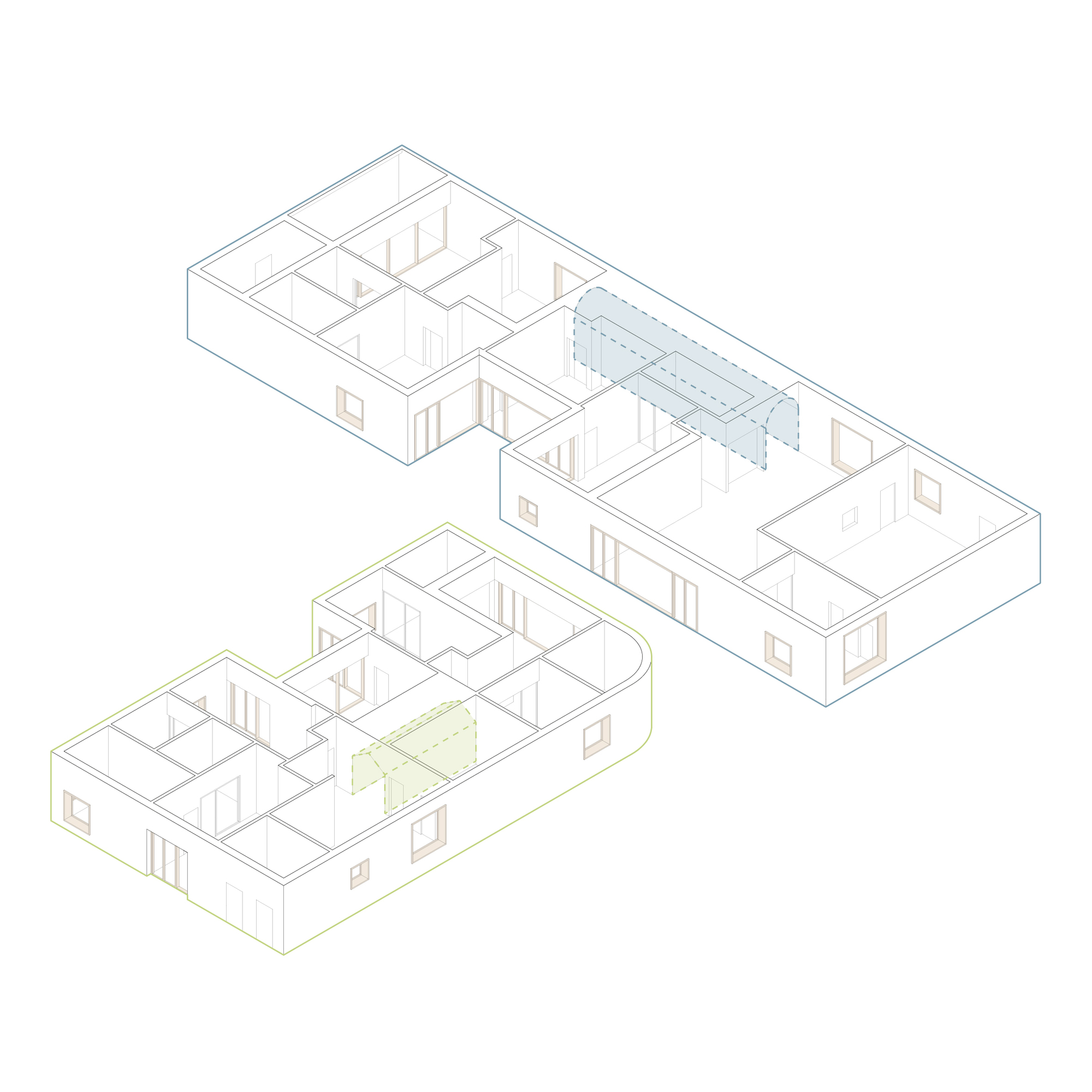 Axonometric drawing showing two offset residential volumes with interior partitions and a highlighted central courtyard