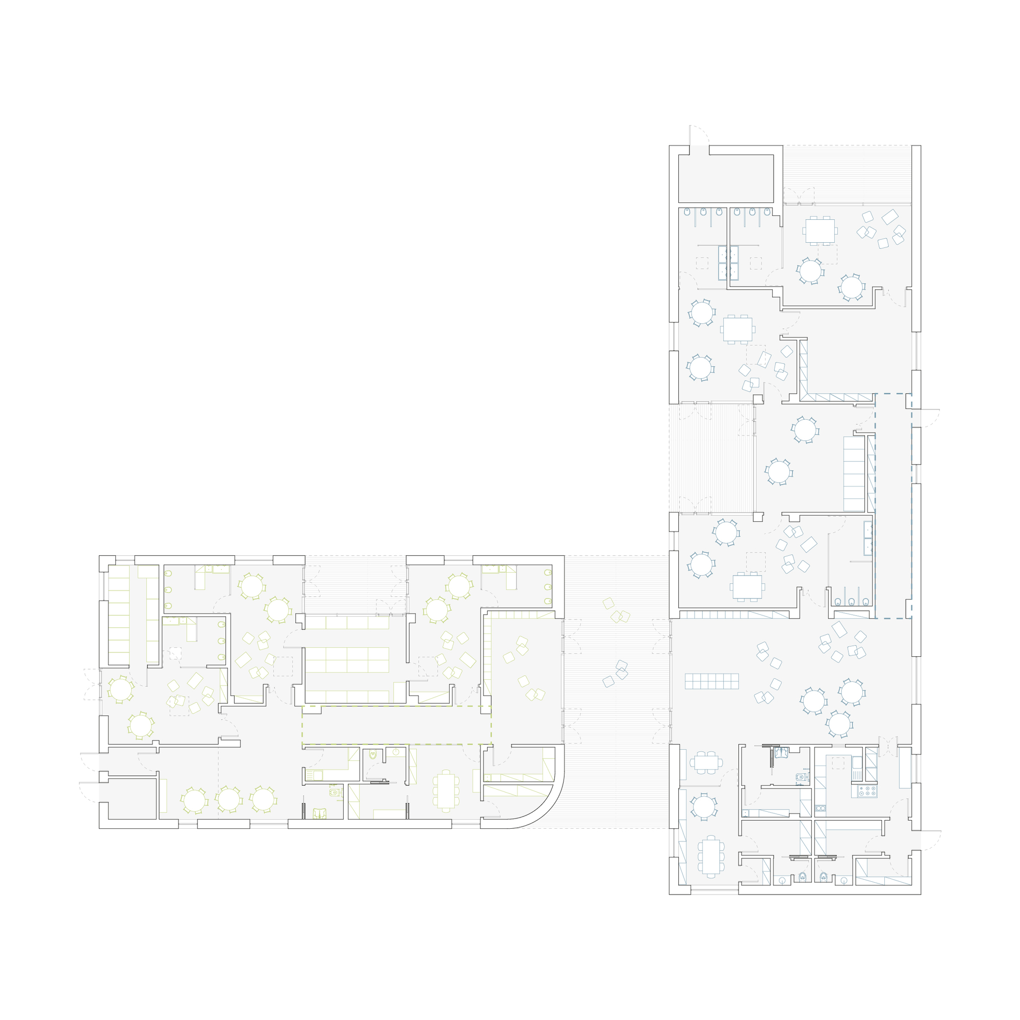 Floor plan drawing depicting multiple interconnected spaces with furniture layouts and scattered tree symbols