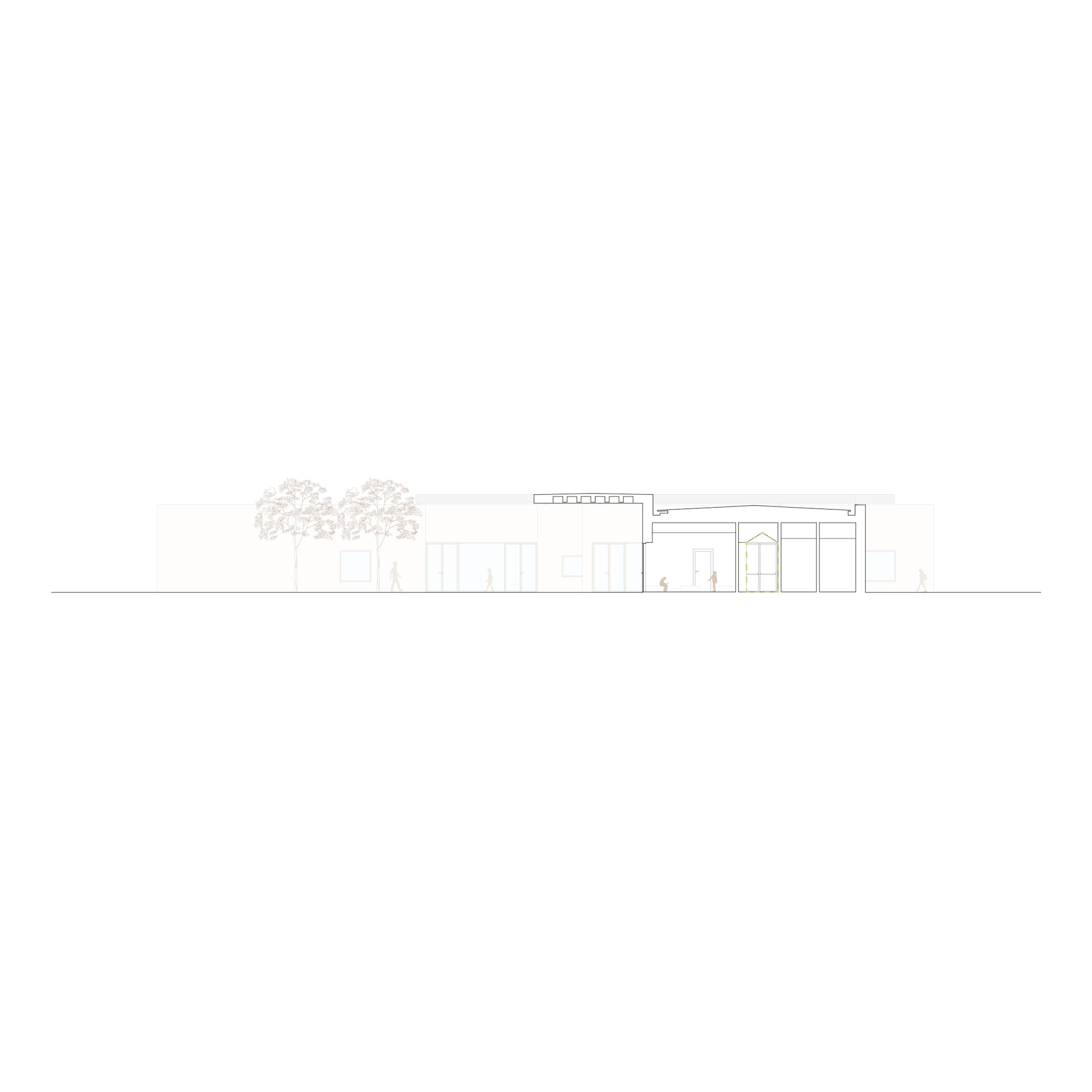 Elevation drawing showing a low horizontal volume with arched openings and flanking trees