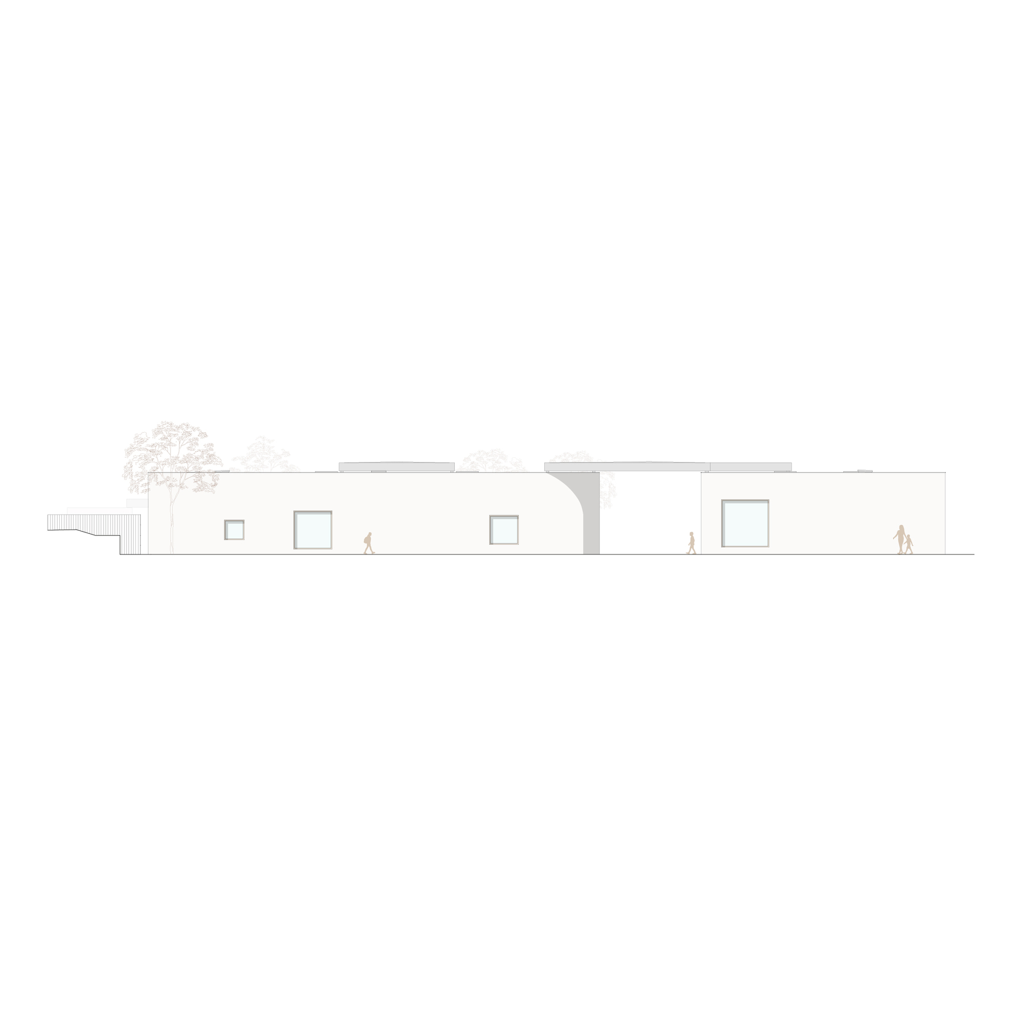 Elevation drawing revealing a curved interior passageway connecting two flat-roofed volumes with square windows