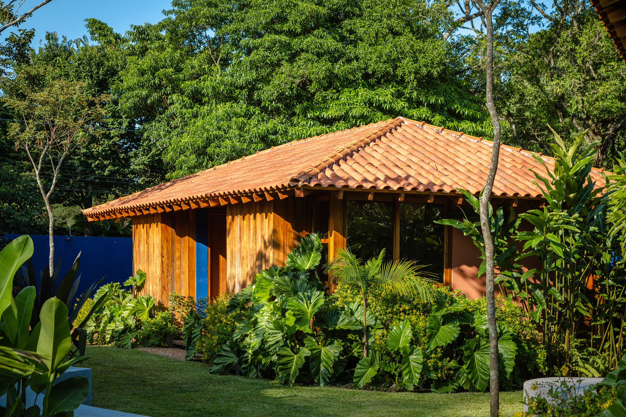 Timber pavilion with terra-cotta tile roof set among tropical landscaping and mature trees