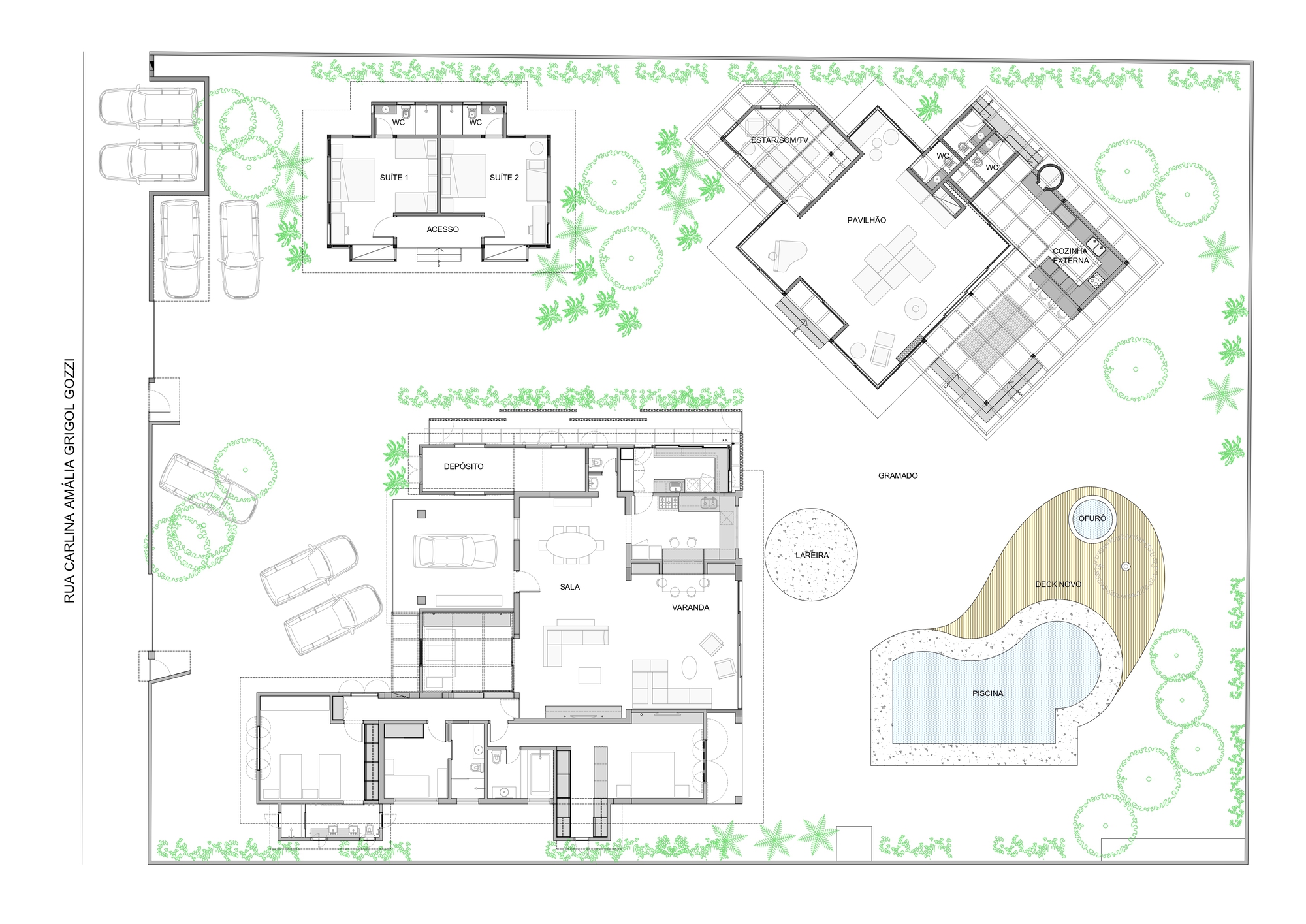 Site plan drawing showing three building volumes, pool with curved deck, and surrounding planted landscape