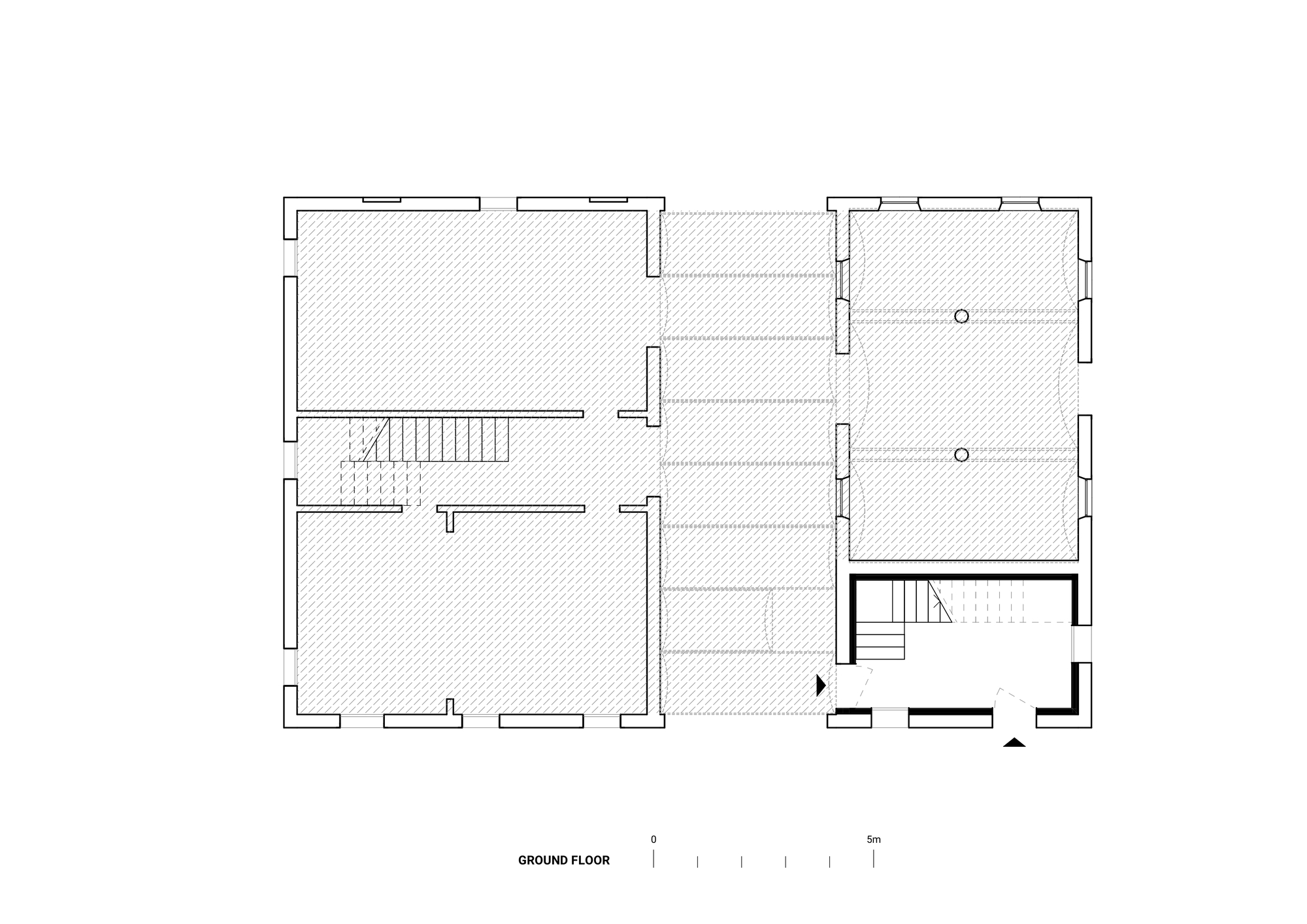 Ground floor plan drawing showing room divisions with central corridor and two staircases