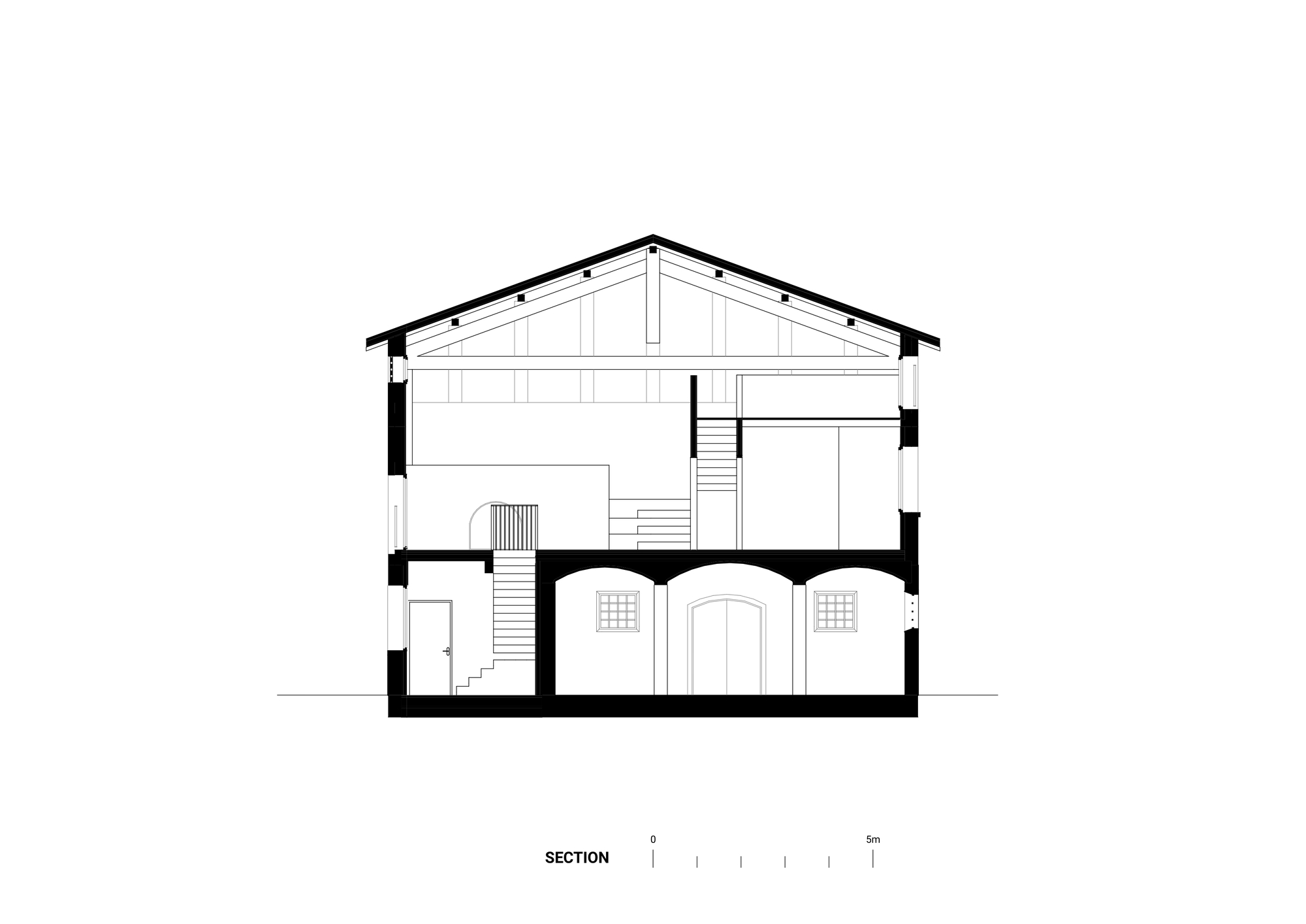 Section drawing revealing the pitched roof structure and multilevel interior with arched cellar openings